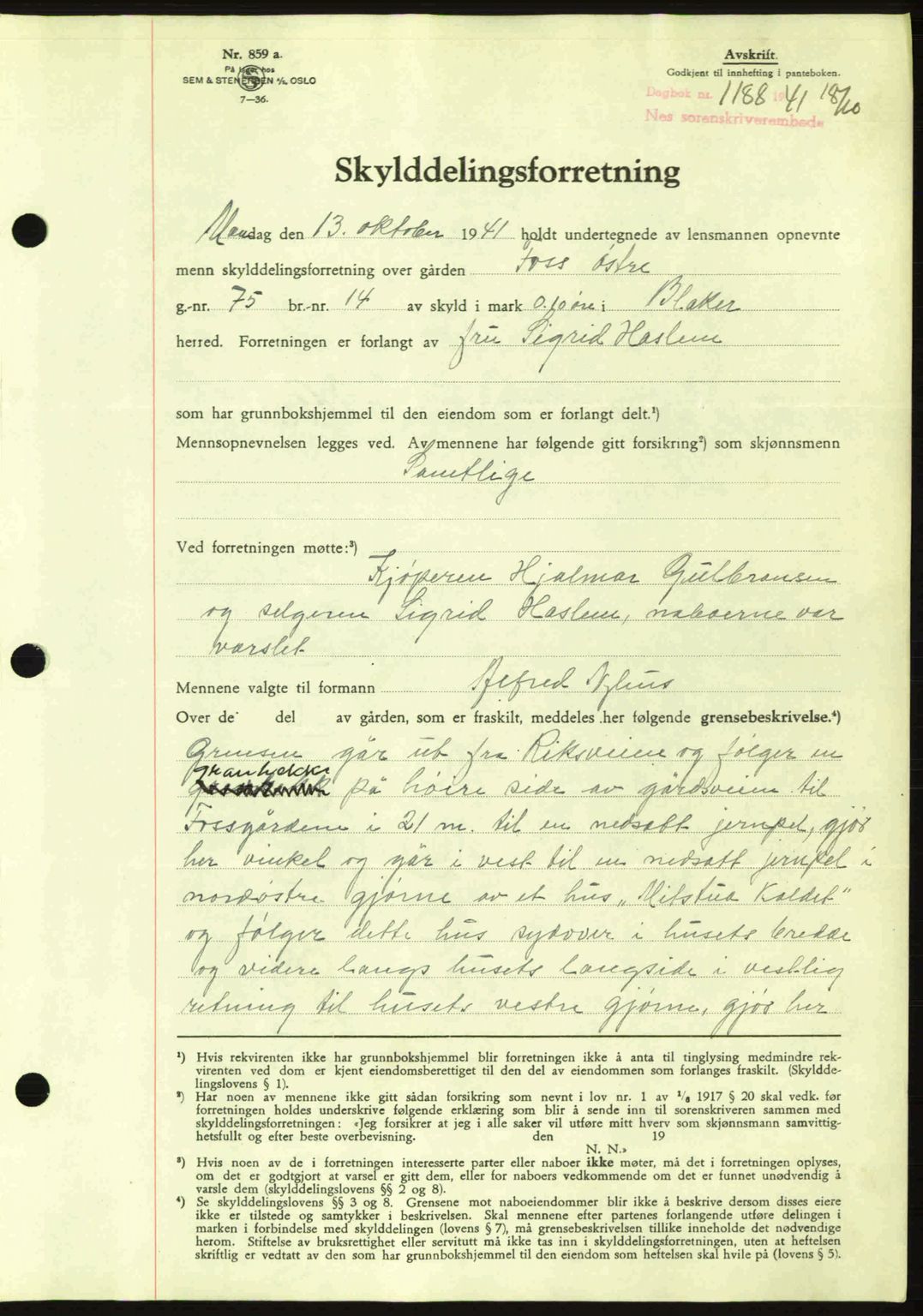 Nes tingrett, AV/SAO-A-10548/G/Gb/Gbb/L0012: Mortgage book no. 56, 1941-1942, Diary no: : 1188/1941