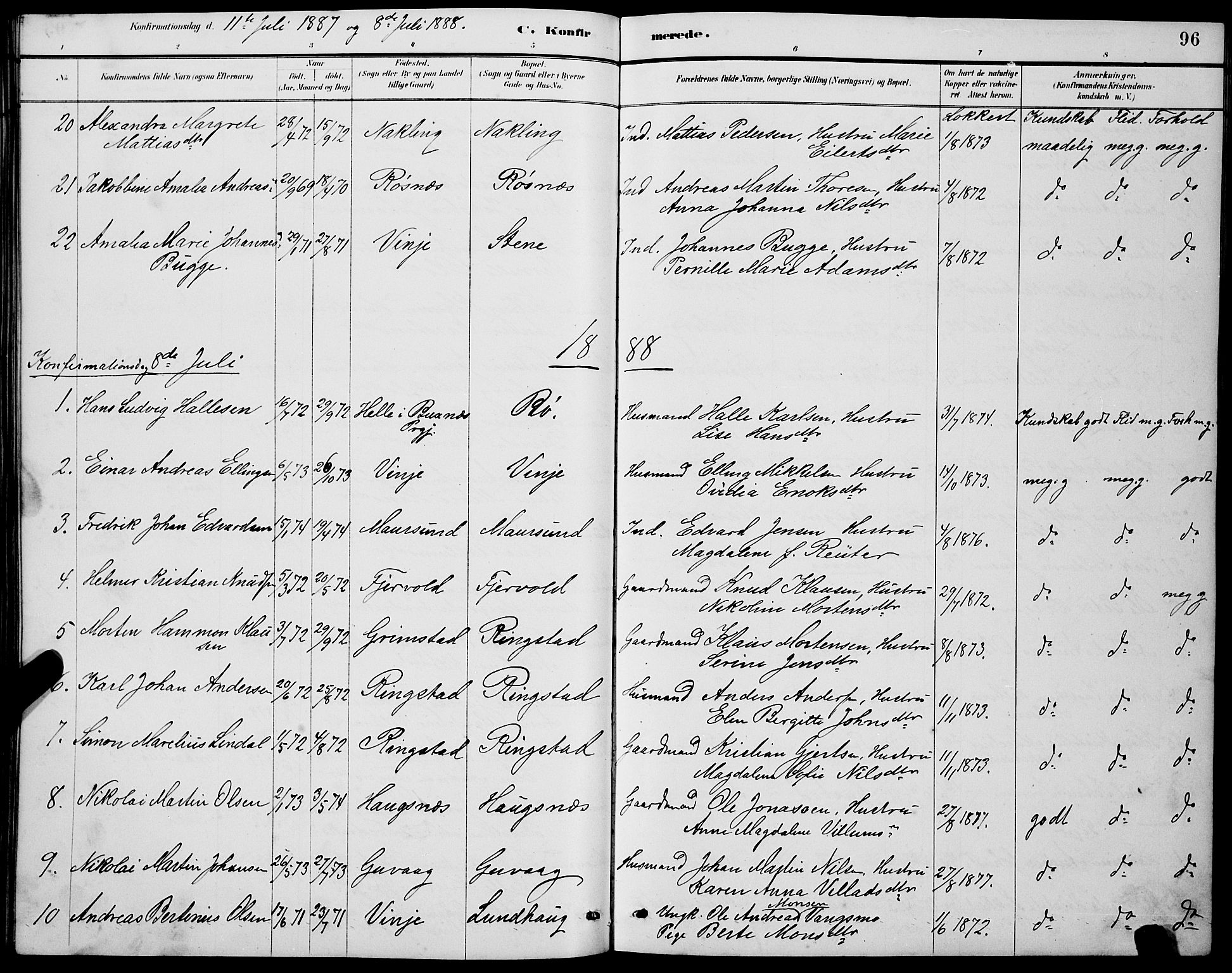 Ministerialprotokoller, klokkerbøker og fødselsregistre - Nordland, SAT/A-1459/891/L1315: Parish register (copy) no. 891C04, 1886-1893, p. 96