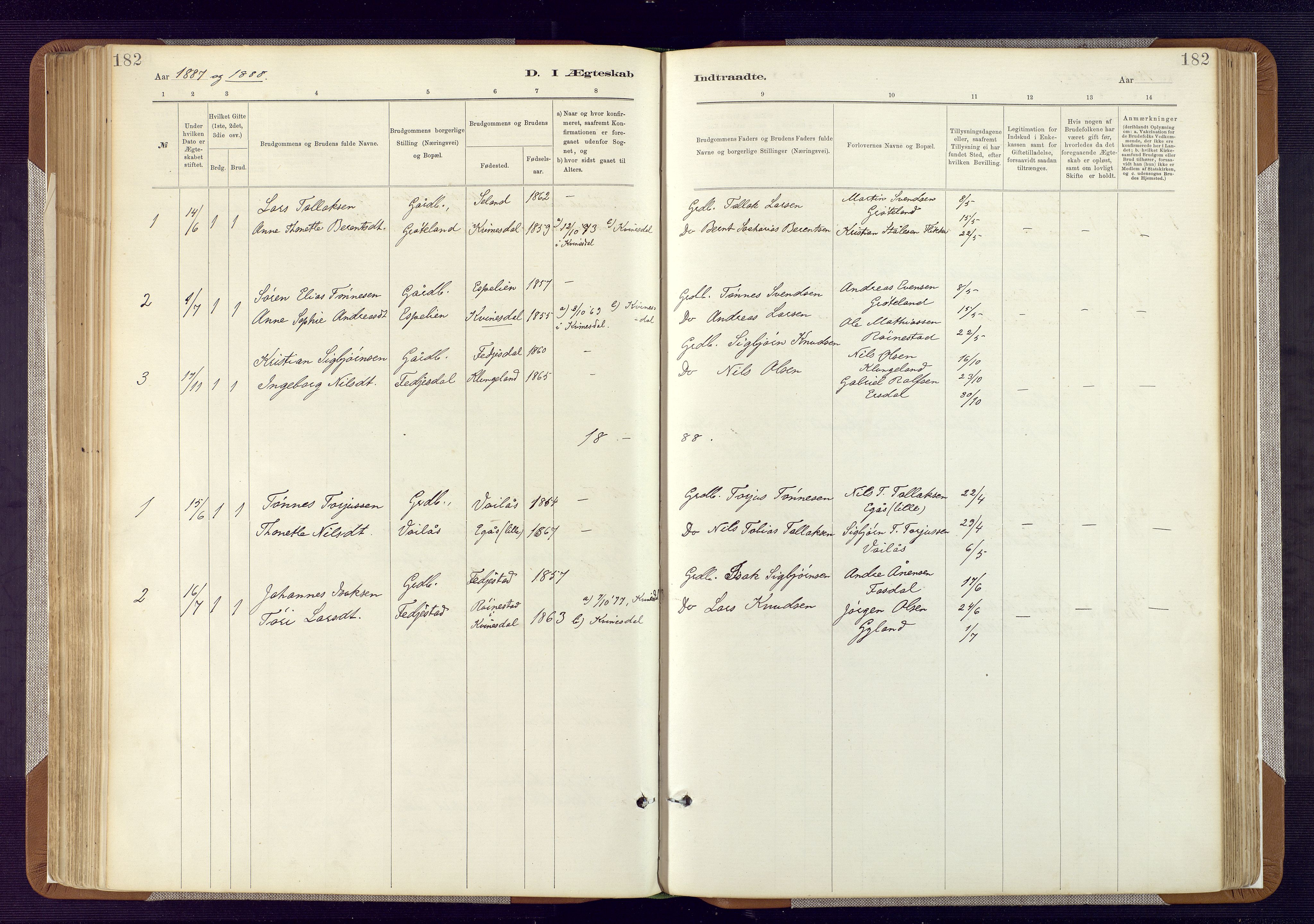 Bakke sokneprestkontor, SAK/1111-0002/F/Fa/Fab/L0003: Parish register (official) no. A 3, 1884-1921, p. 182