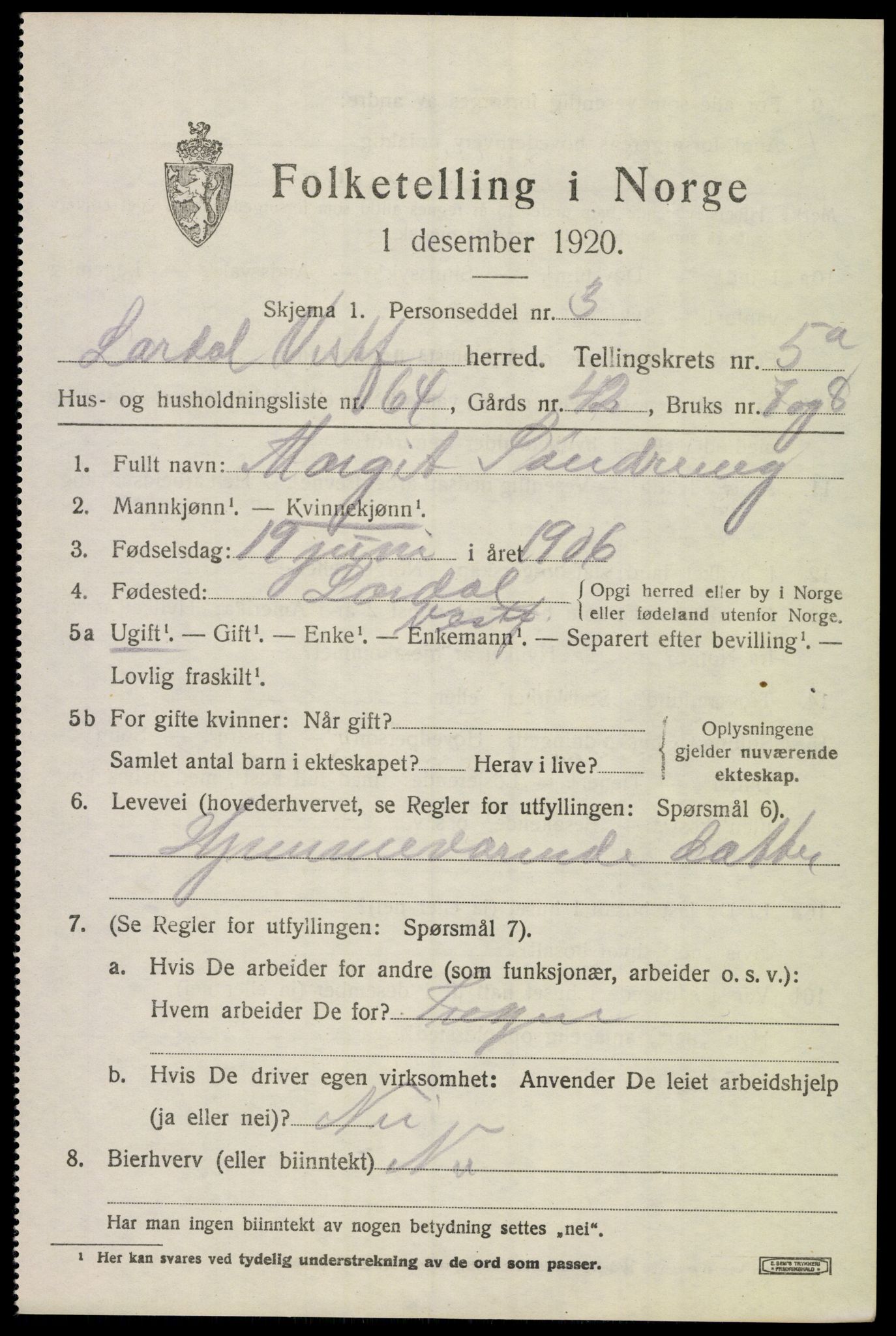 SAKO, 1920 census for Lardal, 1920, p. 5181