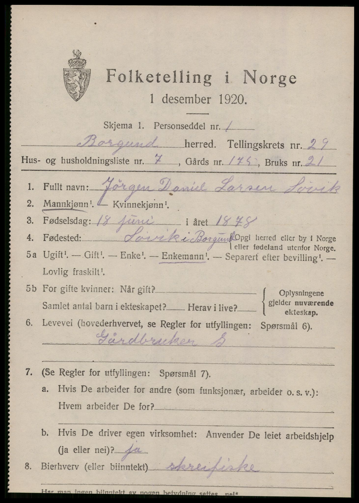 SAT, 1920 census for Borgund, 1920, p. 18726