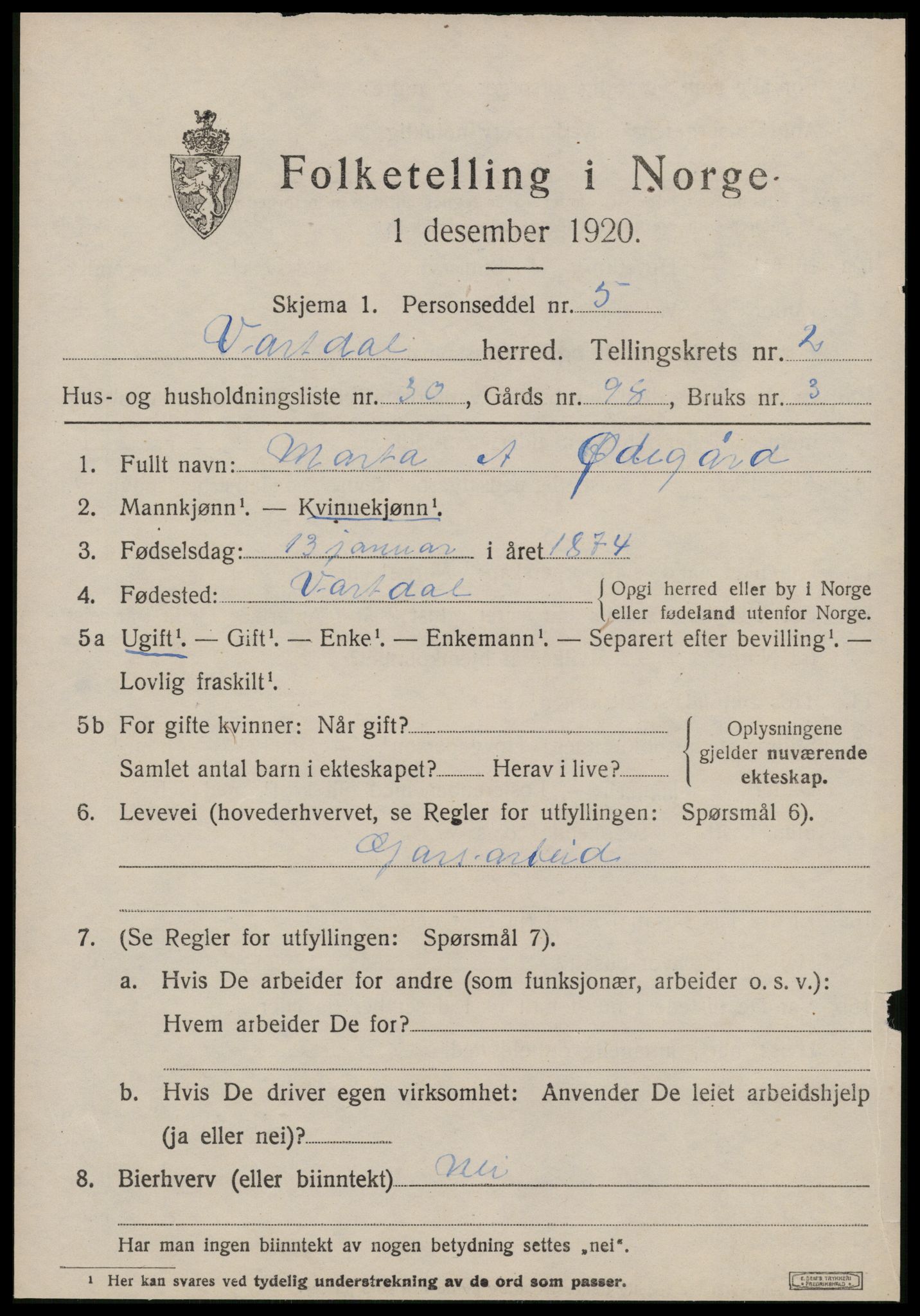 SAT, 1920 census for Vartdal, 1920, p. 1165