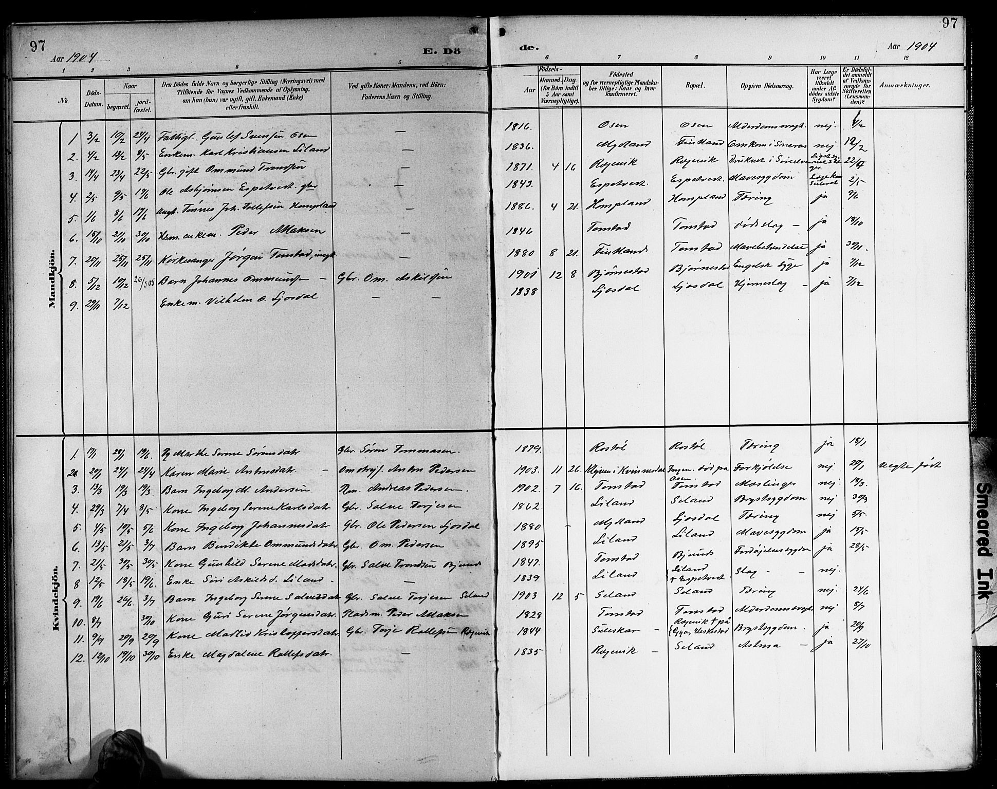 Sirdal sokneprestkontor, SAK/1111-0036/F/Fb/Fbb/L0004: Parish register (copy) no. B 4, 1895-1916, p. 97