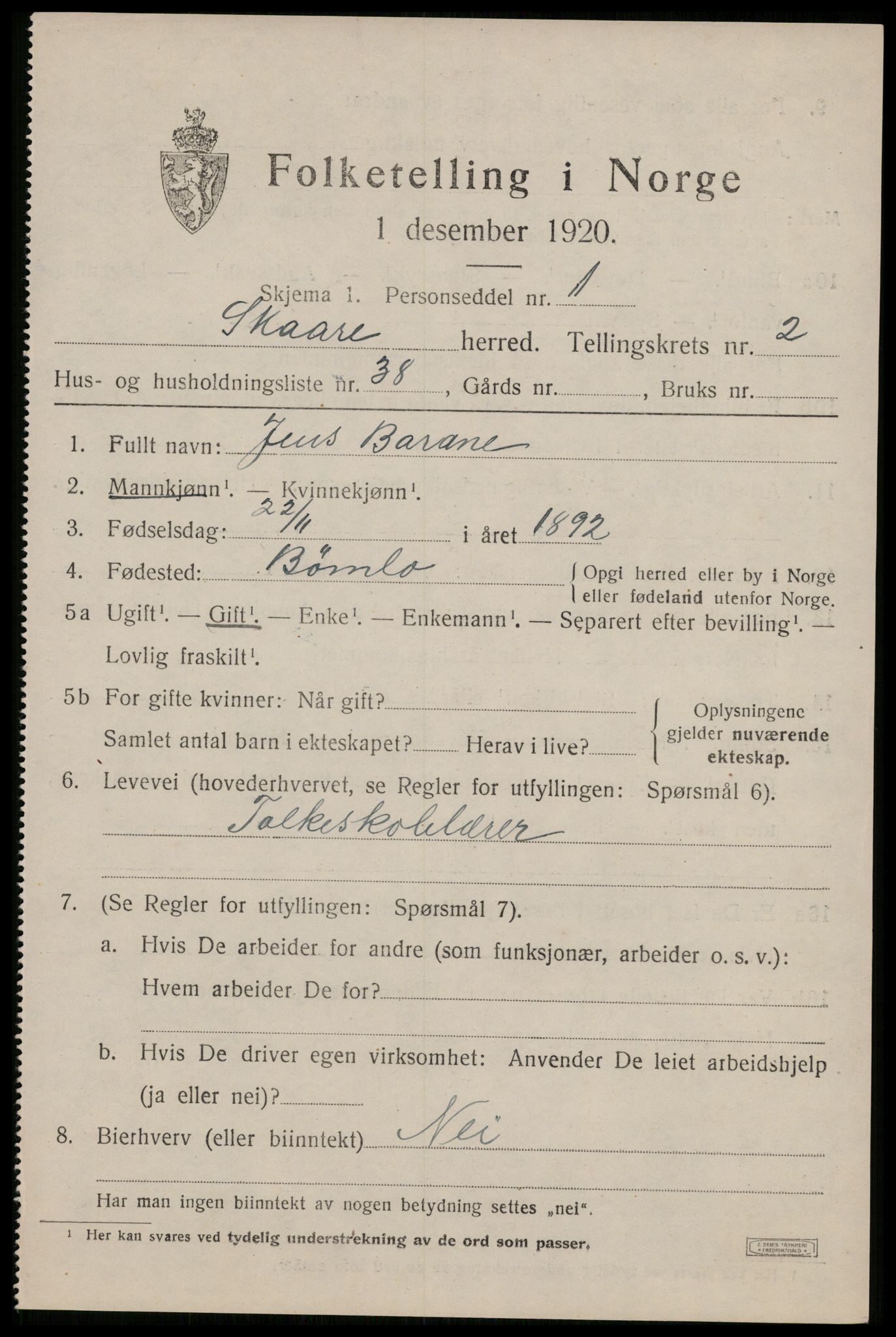 SAST, 1920 census for Skåre, 1920, p. 1618