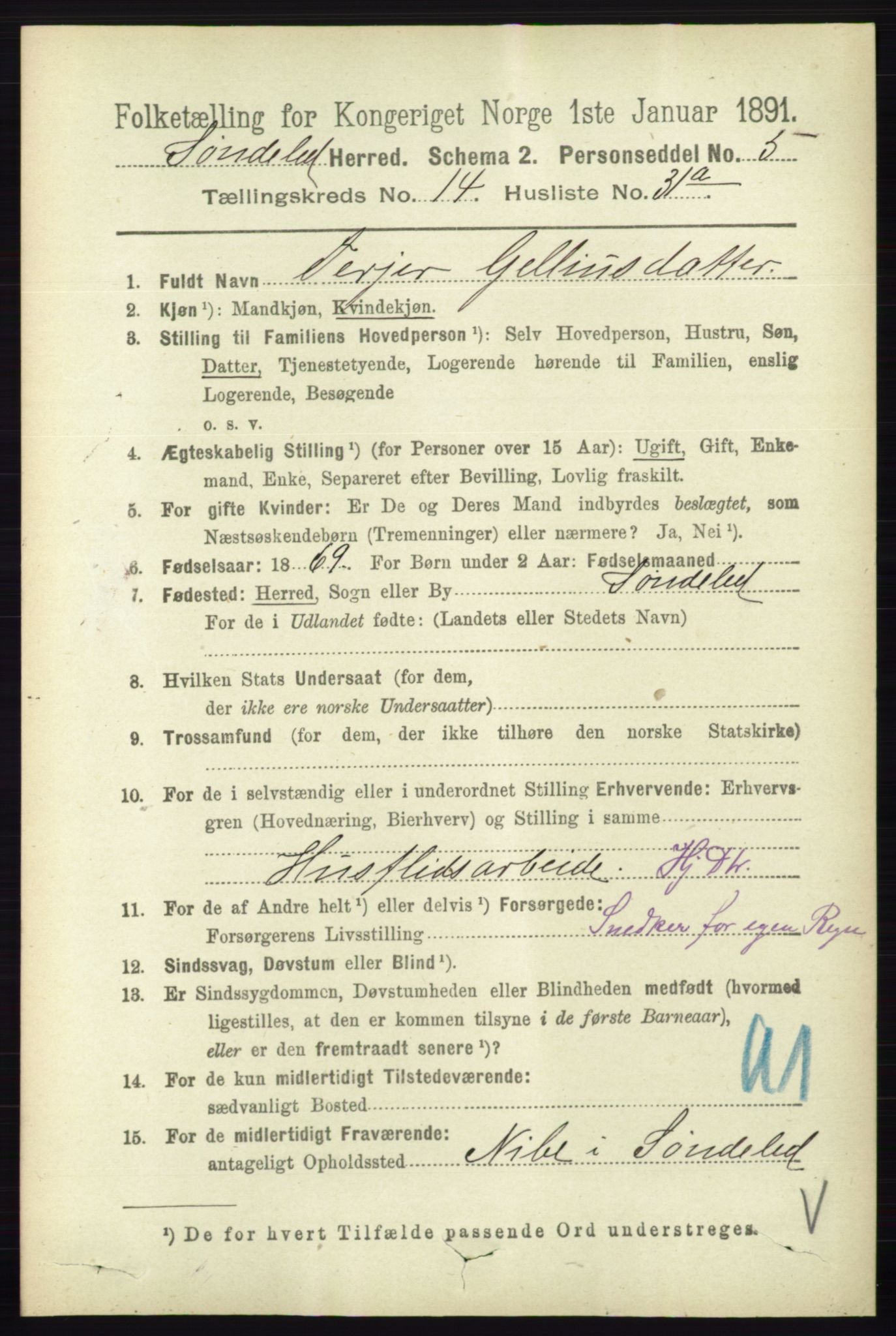 RA, 1891 census for 0913 Søndeled, 1891, p. 4296