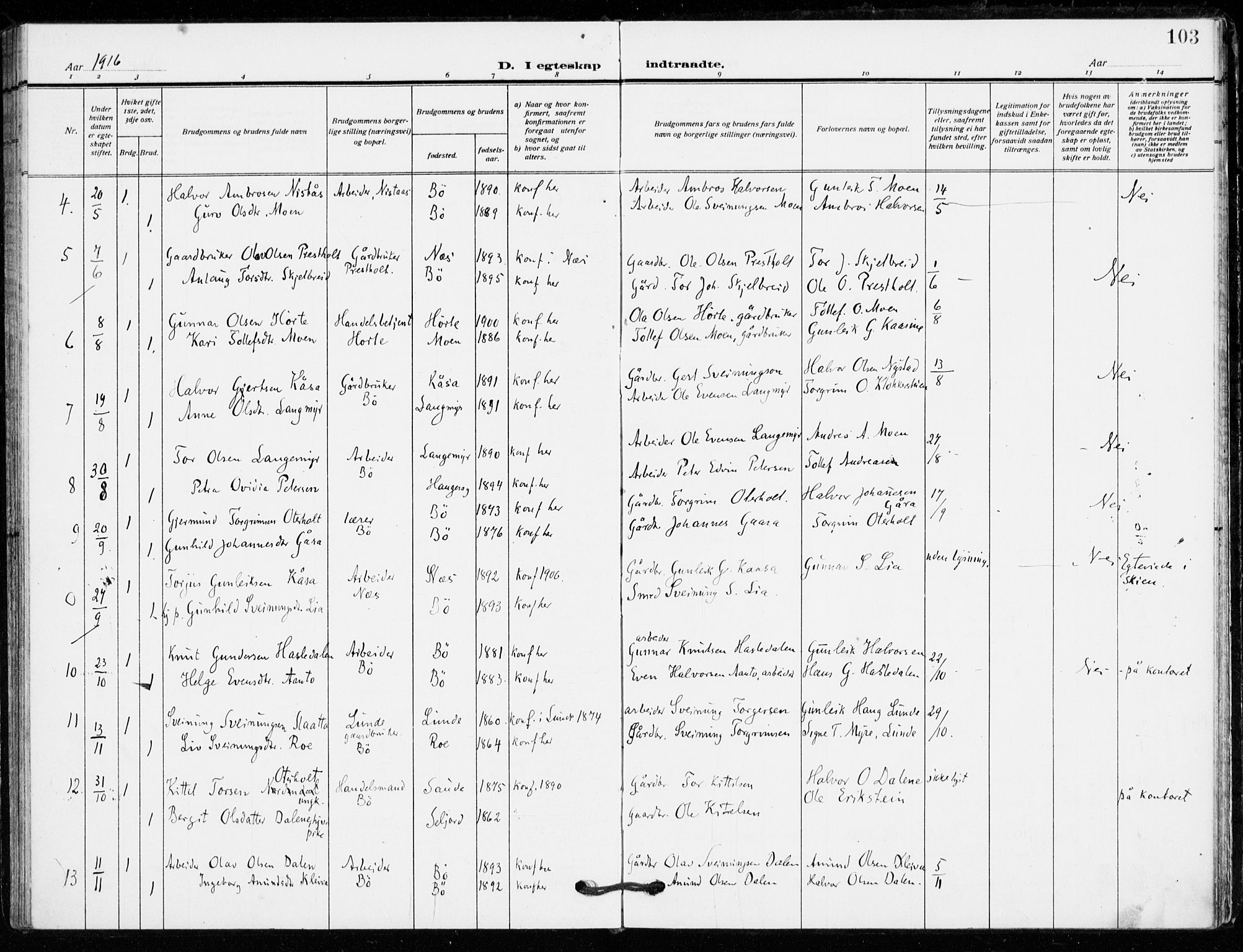 Bø kirkebøker, AV/SAKO-A-257/F/Fa/L0013: Parish register (official) no. 13, 1909-1921, p. 103
