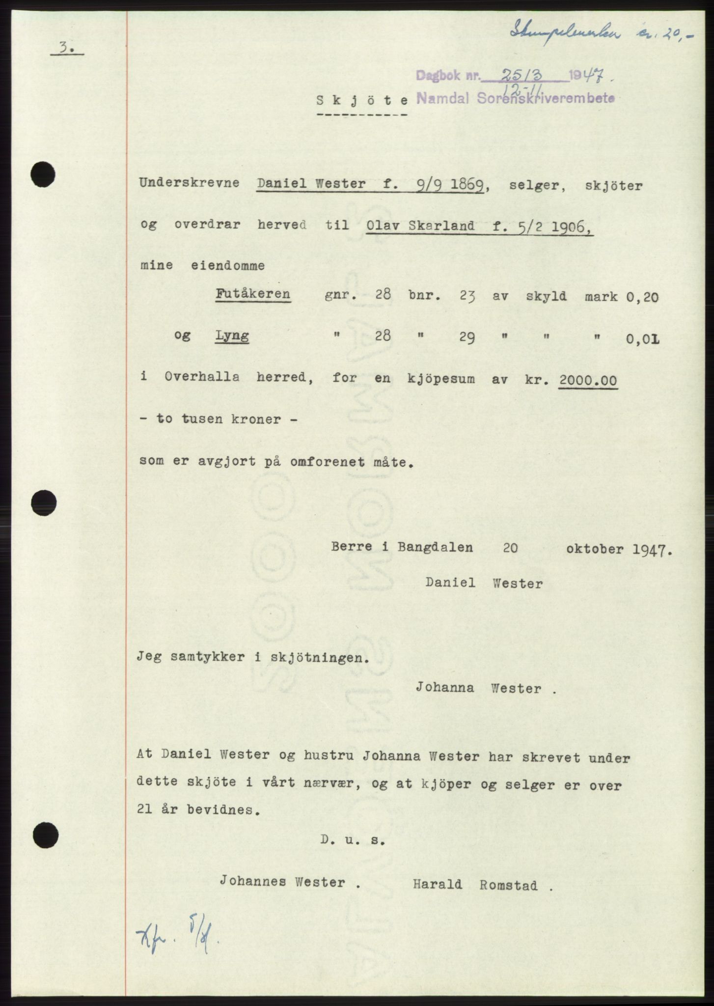 Namdal sorenskriveri, SAT/A-4133/1/2/2C: Mortgage book no. -, 1947-1948, Diary no: : 2513/1947