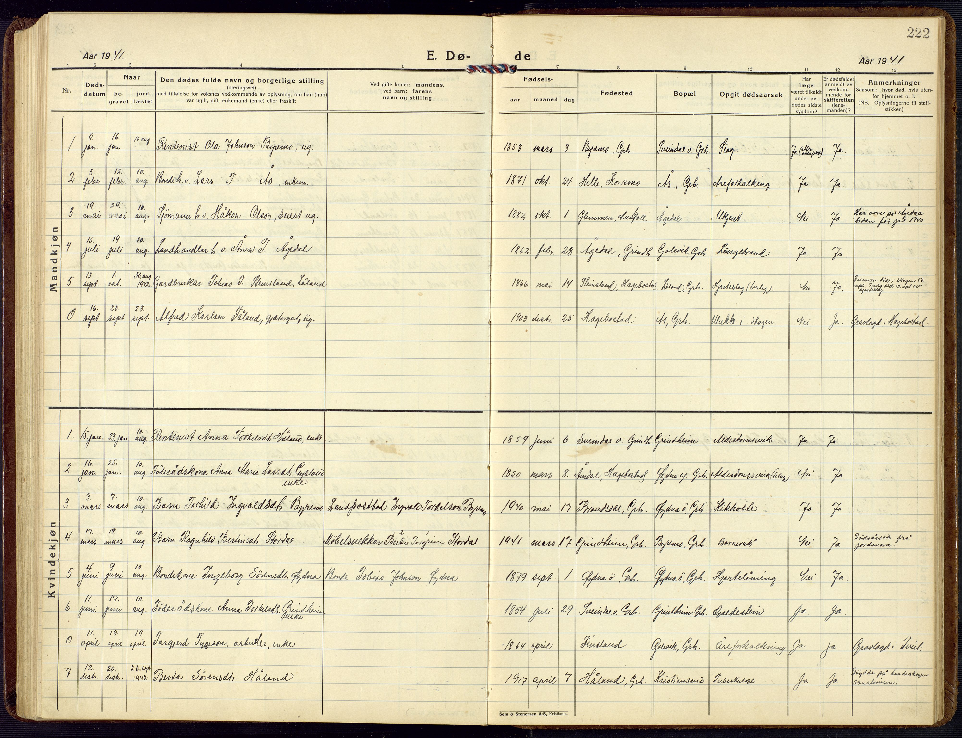 Bjelland sokneprestkontor, SAK/1111-0005/F/Fb/Fbc/L0004: Parish register (copy) no. B 4, 1921-1978, p. 222