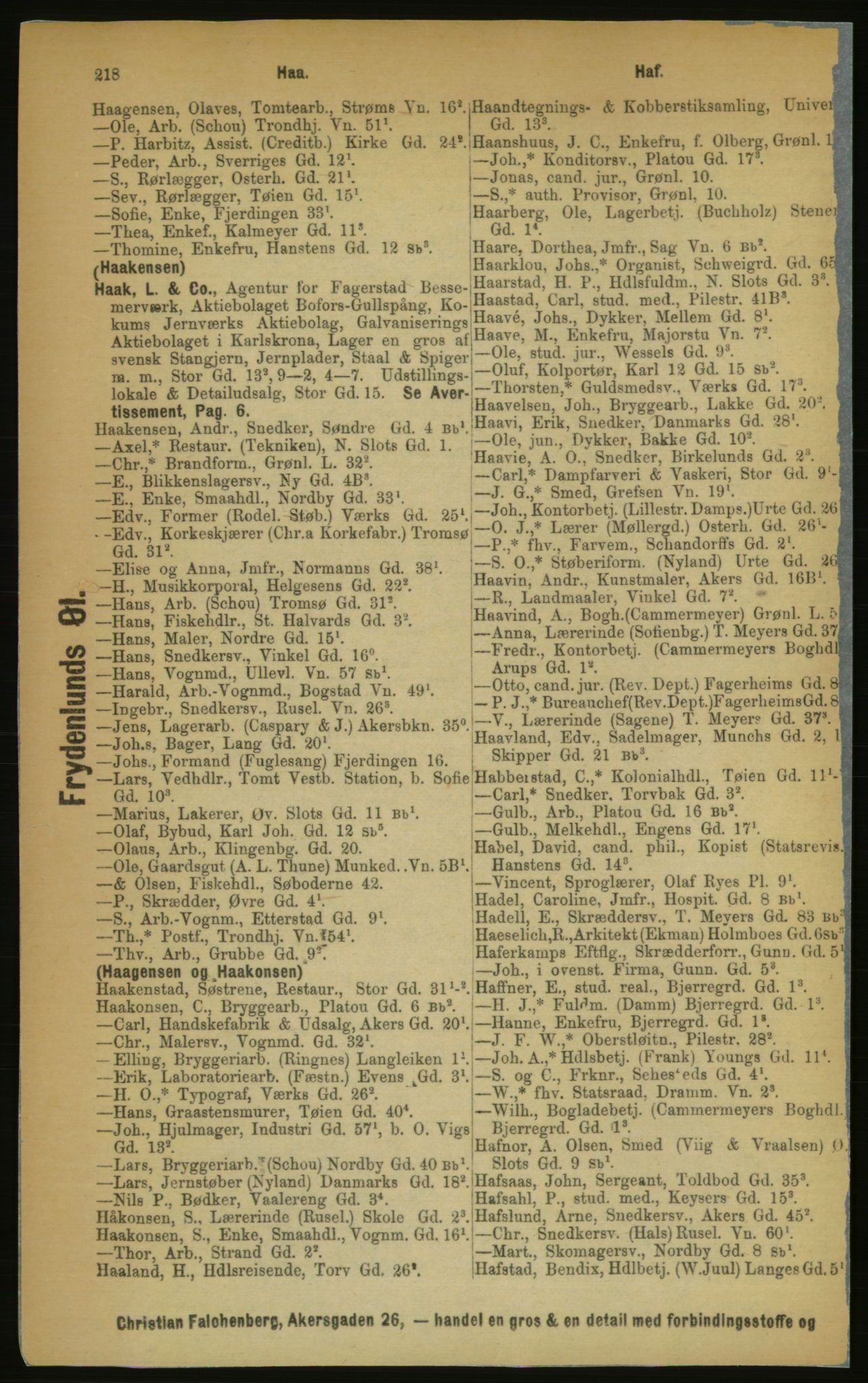 Kristiania/Oslo adressebok, PUBL/-, 1889, p. 218