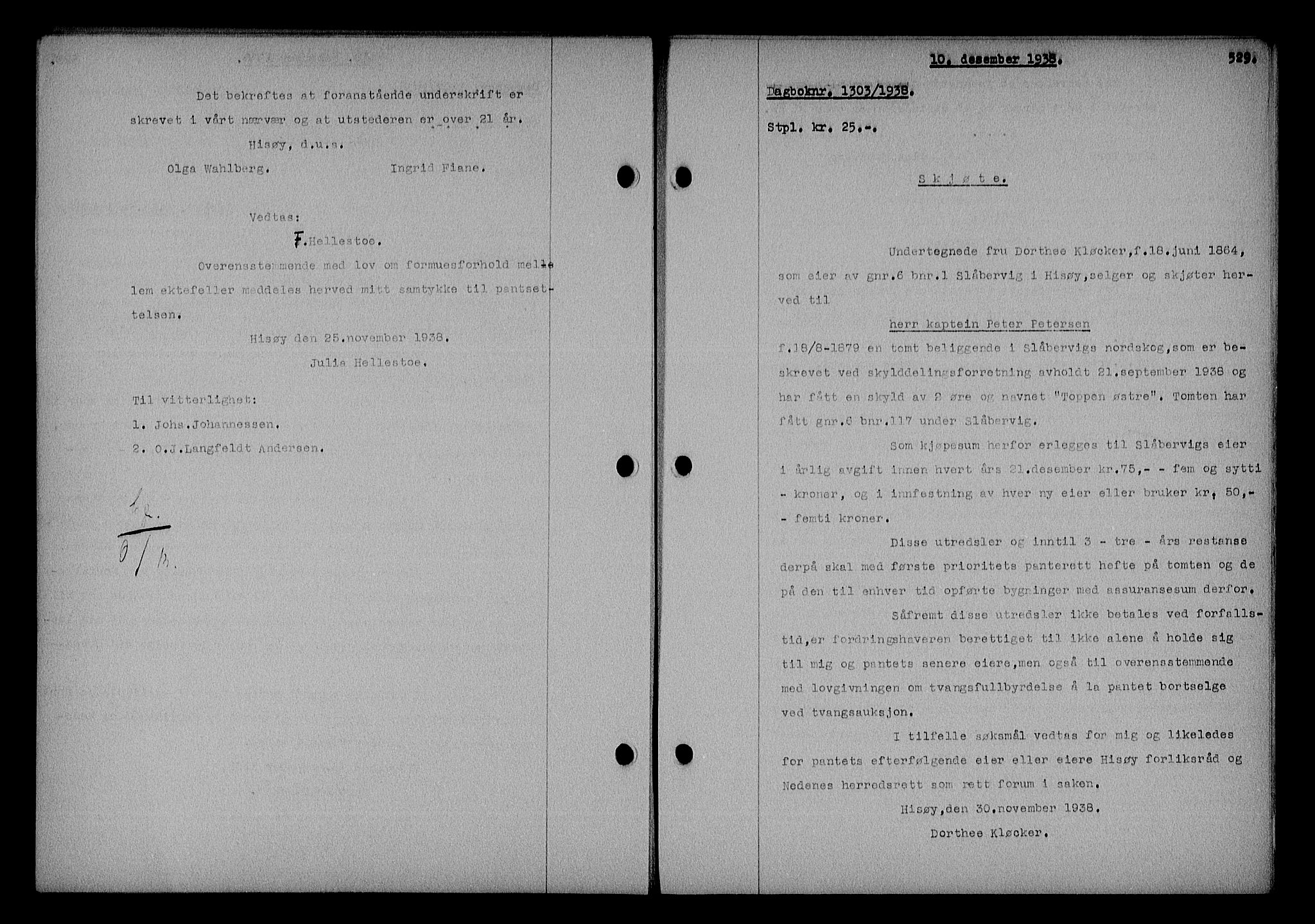Nedenes sorenskriveri, SAK/1221-0006/G/Gb/Gba/L0045: Mortgage book no. 41, 1938-1938, Diary no: : 1303/1938