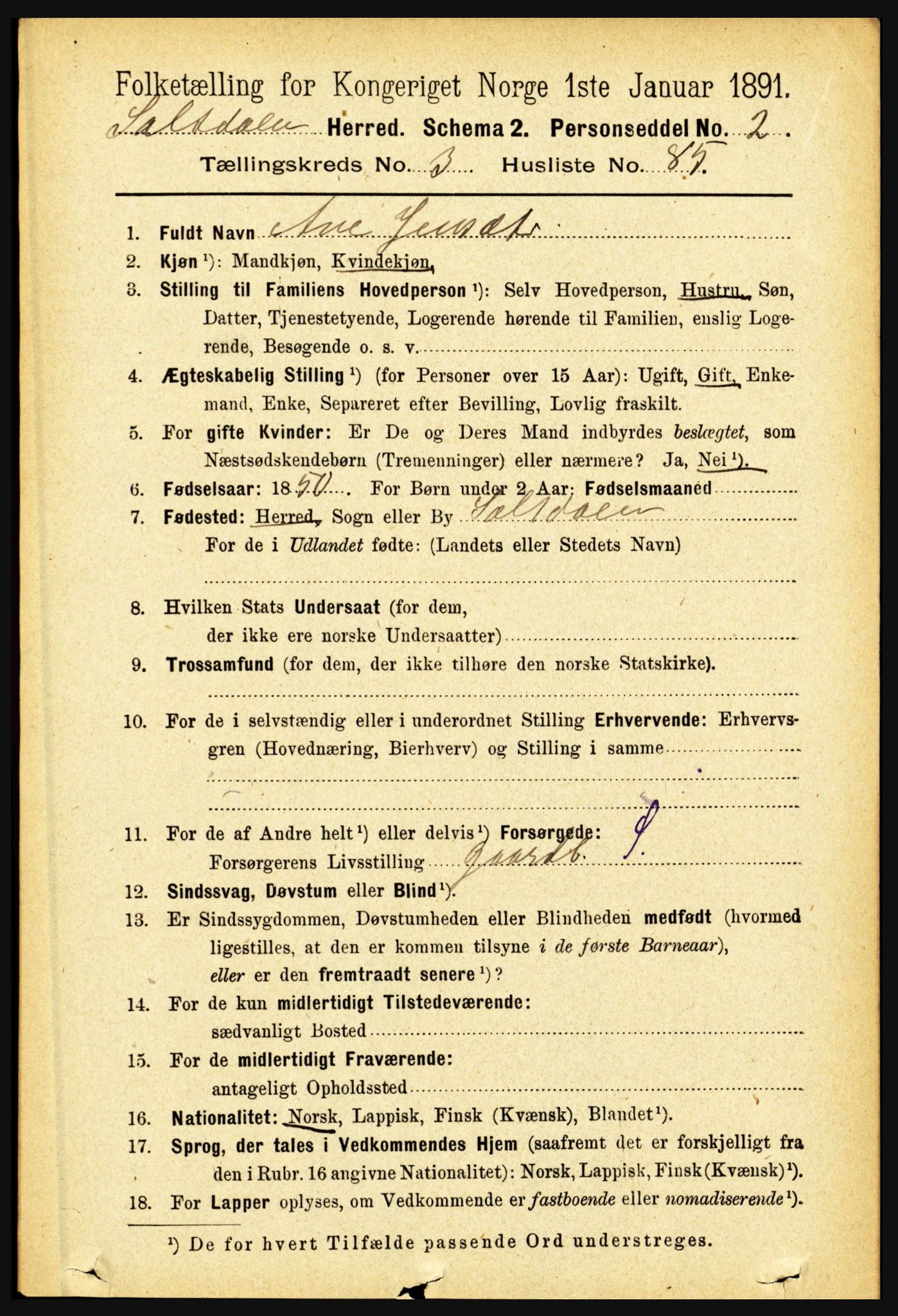 RA, 1891 census for 1840 Saltdal, 1891, p. 2247