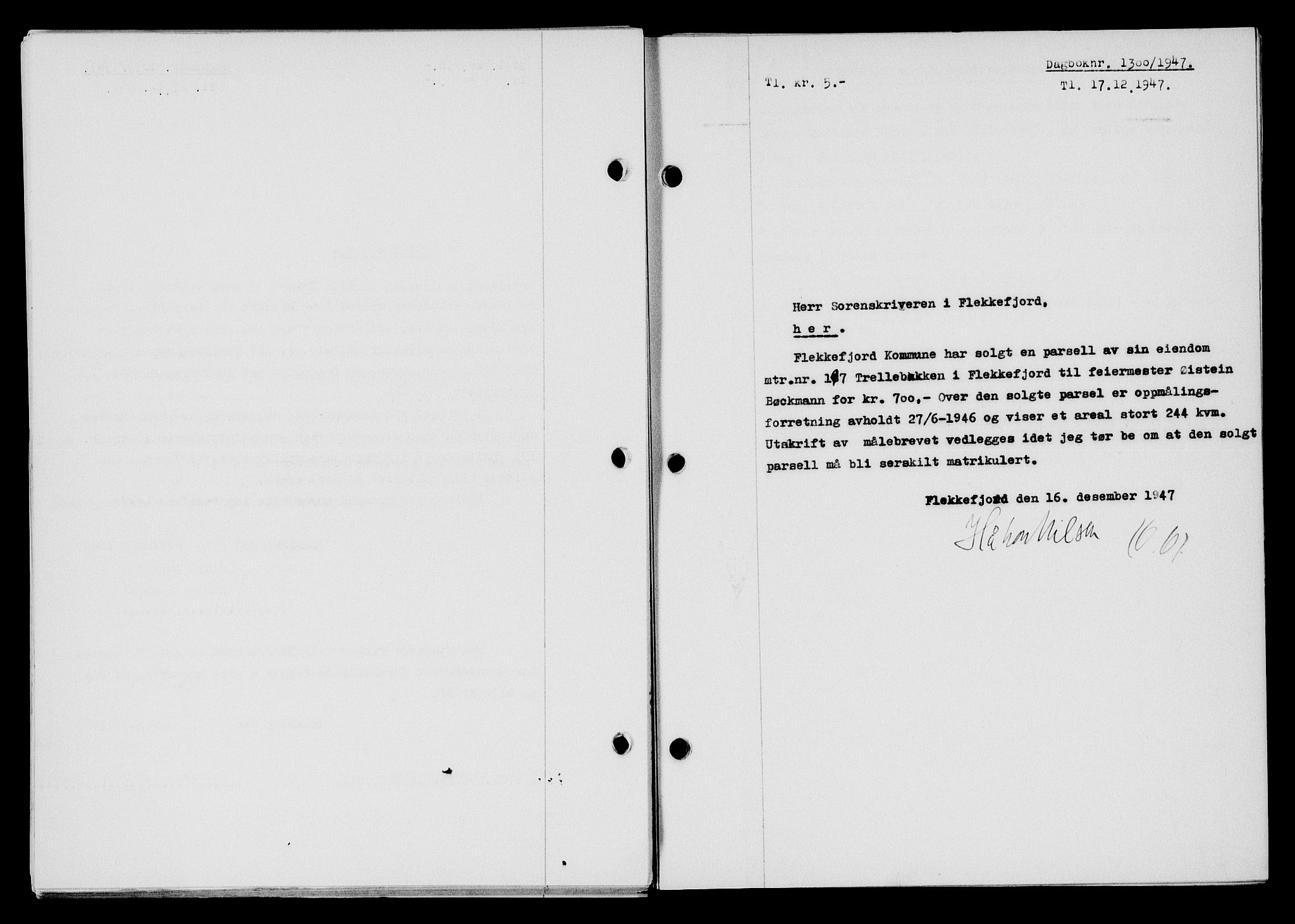 Flekkefjord sorenskriveri, AV/SAK-1221-0001/G/Gb/Gba/L0063: Mortgage book no. A-11, 1947-1948, Diary no: : 1300/1947