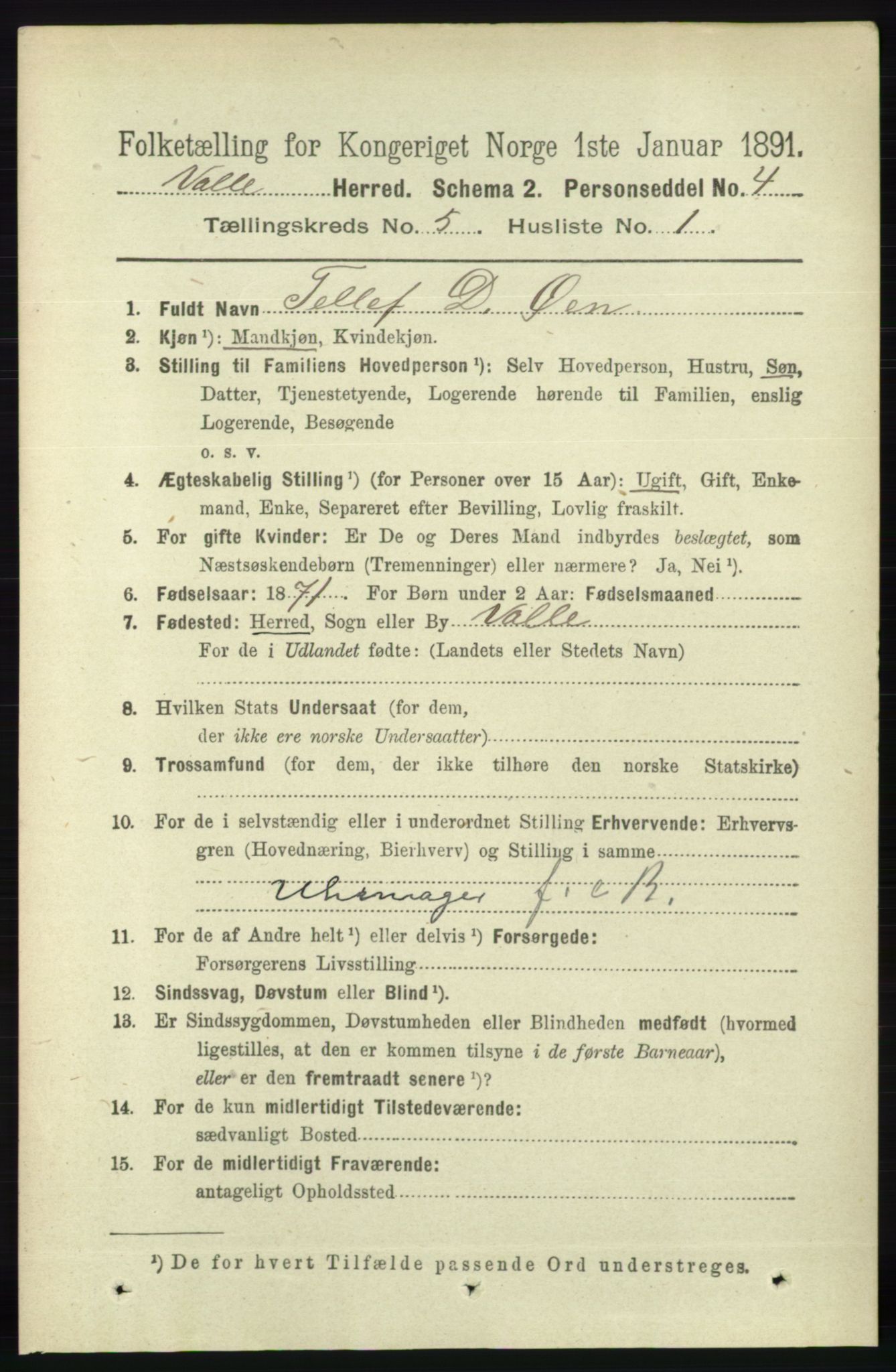 RA, 1891 census for 0940 Valle, 1891, p. 1334