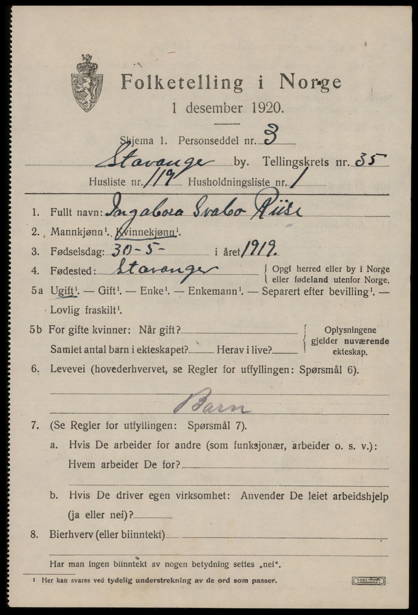 SAST, 1920 census for Stavanger, 1920, p. 95714