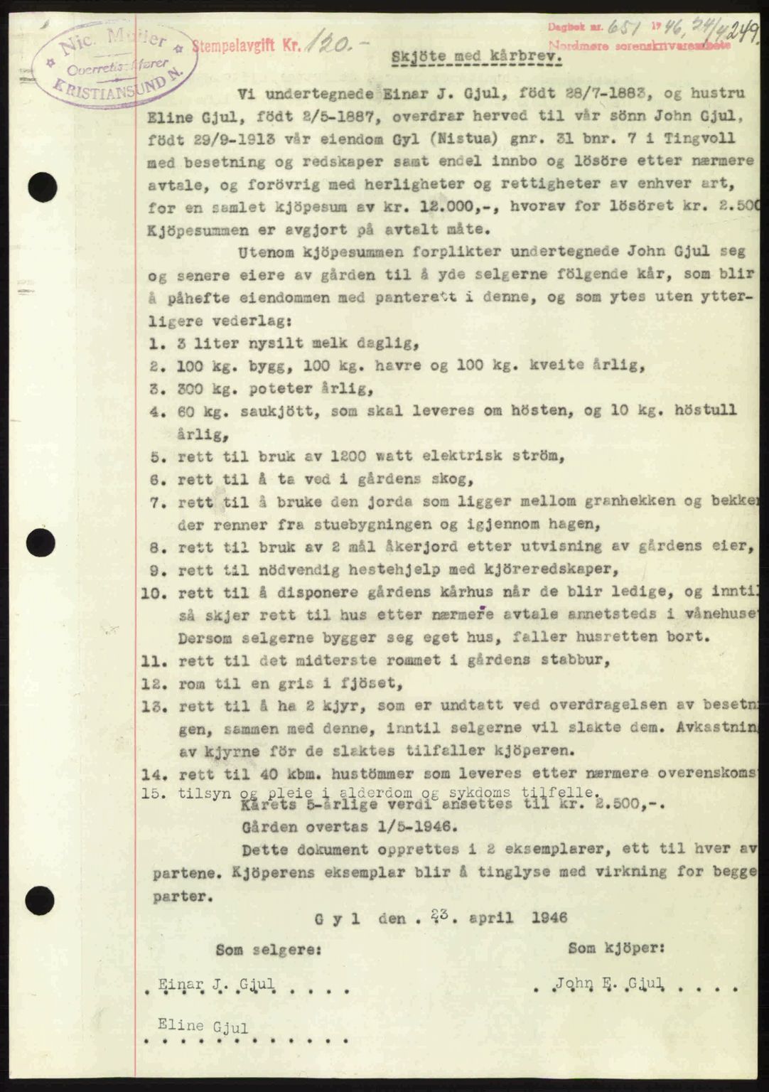 Nordmøre sorenskriveri, AV/SAT-A-4132/1/2/2Ca: Mortgage book no. A101, 1946-1946, Diary no: : 651/1946