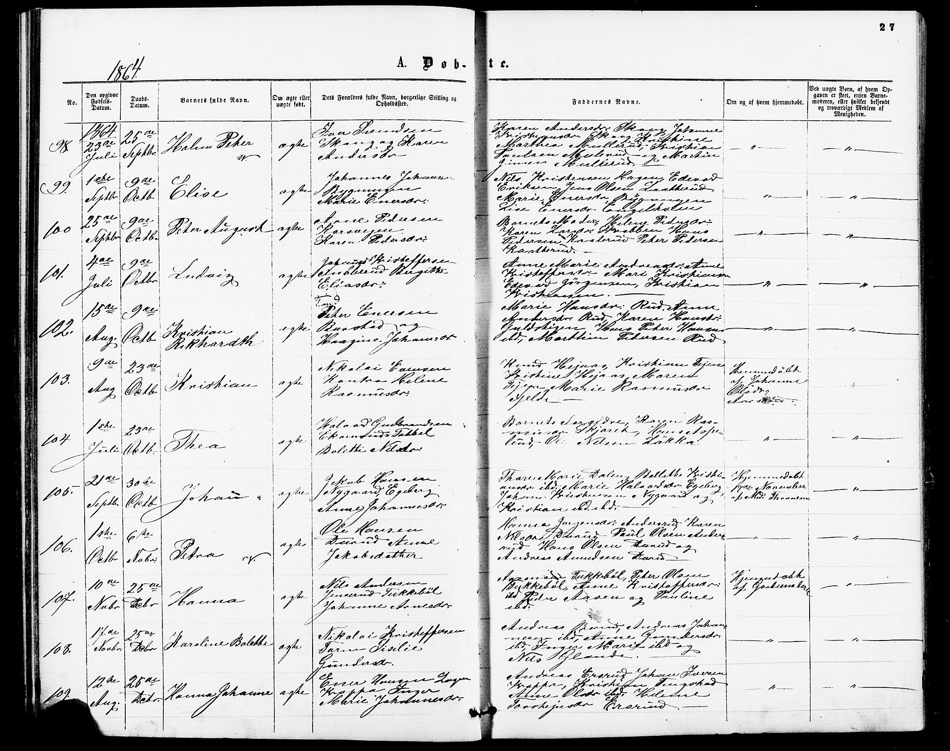 Enebakk prestekontor Kirkebøker, AV/SAO-A-10171c/F/Fa/L0011: Parish register (official) no. I 11, 1862-1882, p. 27