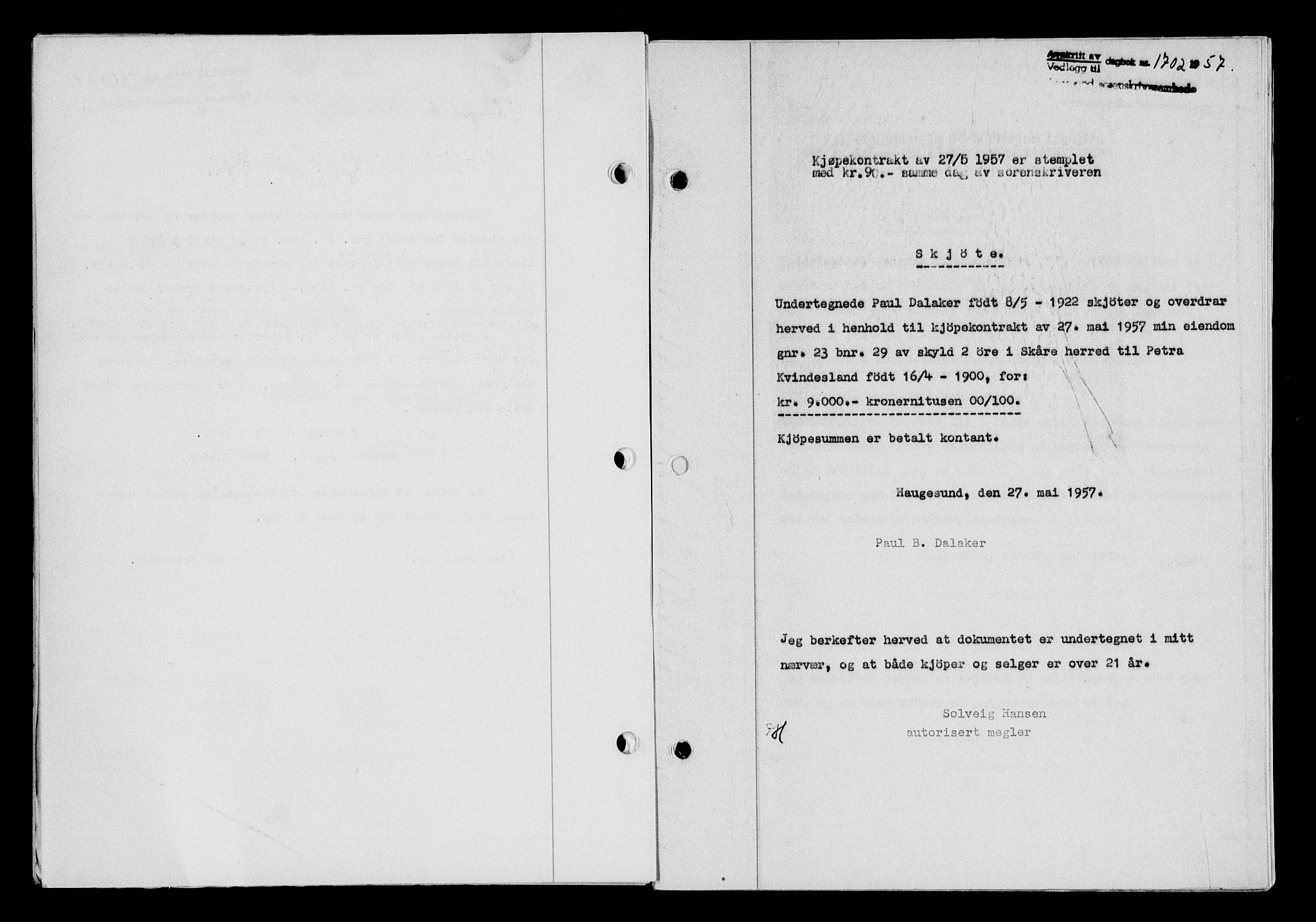 Karmsund sorenskriveri, SAST/A-100311/01/II/IIB/L0125: Mortgage book no. 105A, 1957-1957, Diary no: : 1702/1957