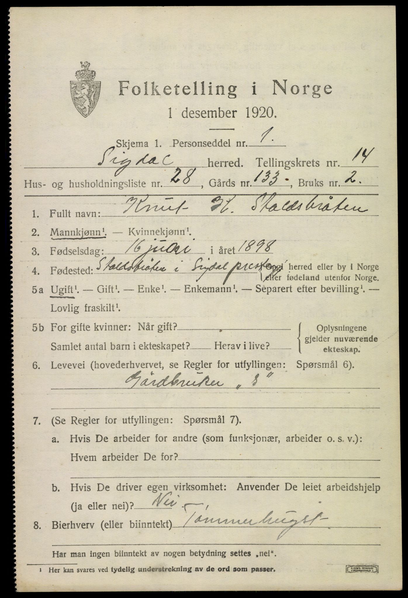 SAKO, 1920 census for Sigdal, 1920, p. 8908