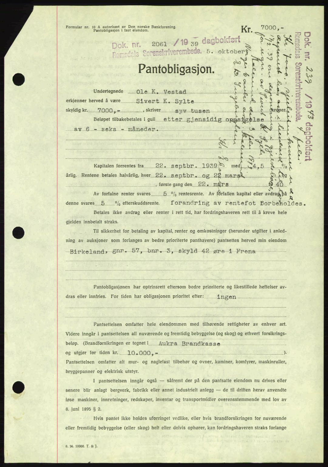 Romsdal sorenskriveri, AV/SAT-A-4149/1/2/2C: Mortgage book no. B2, 1939-1945, Diary no: : 2061/1939