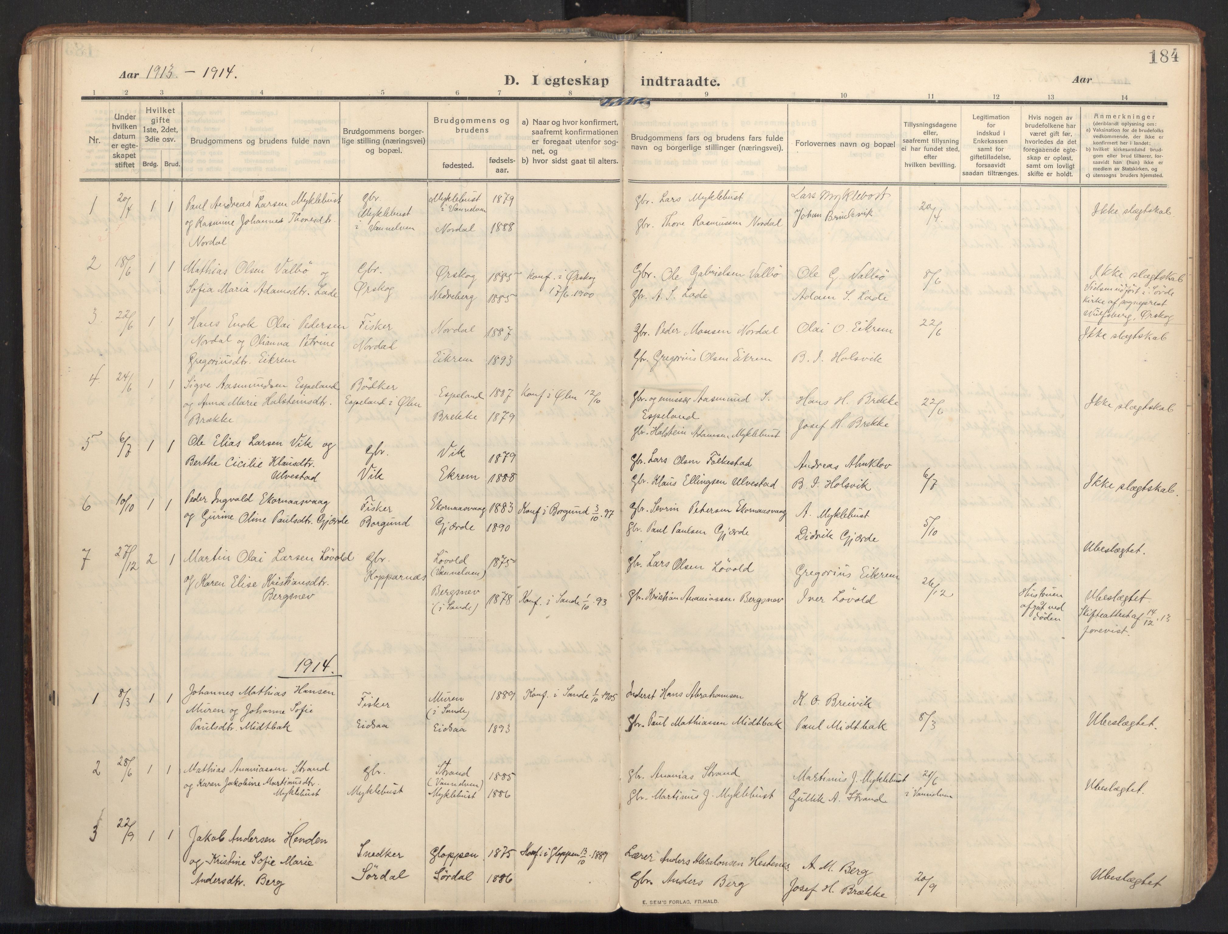 Ministerialprotokoller, klokkerbøker og fødselsregistre - Møre og Romsdal, SAT/A-1454/502/L0026: Parish register (official) no. 502A04, 1909-1933, p. 184