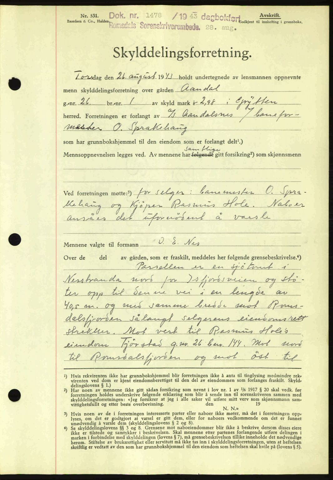 Romsdal sorenskriveri, AV/SAT-A-4149/1/2/2C: Mortgage book no. A14, 1943-1943, Diary no: : 1478/1943