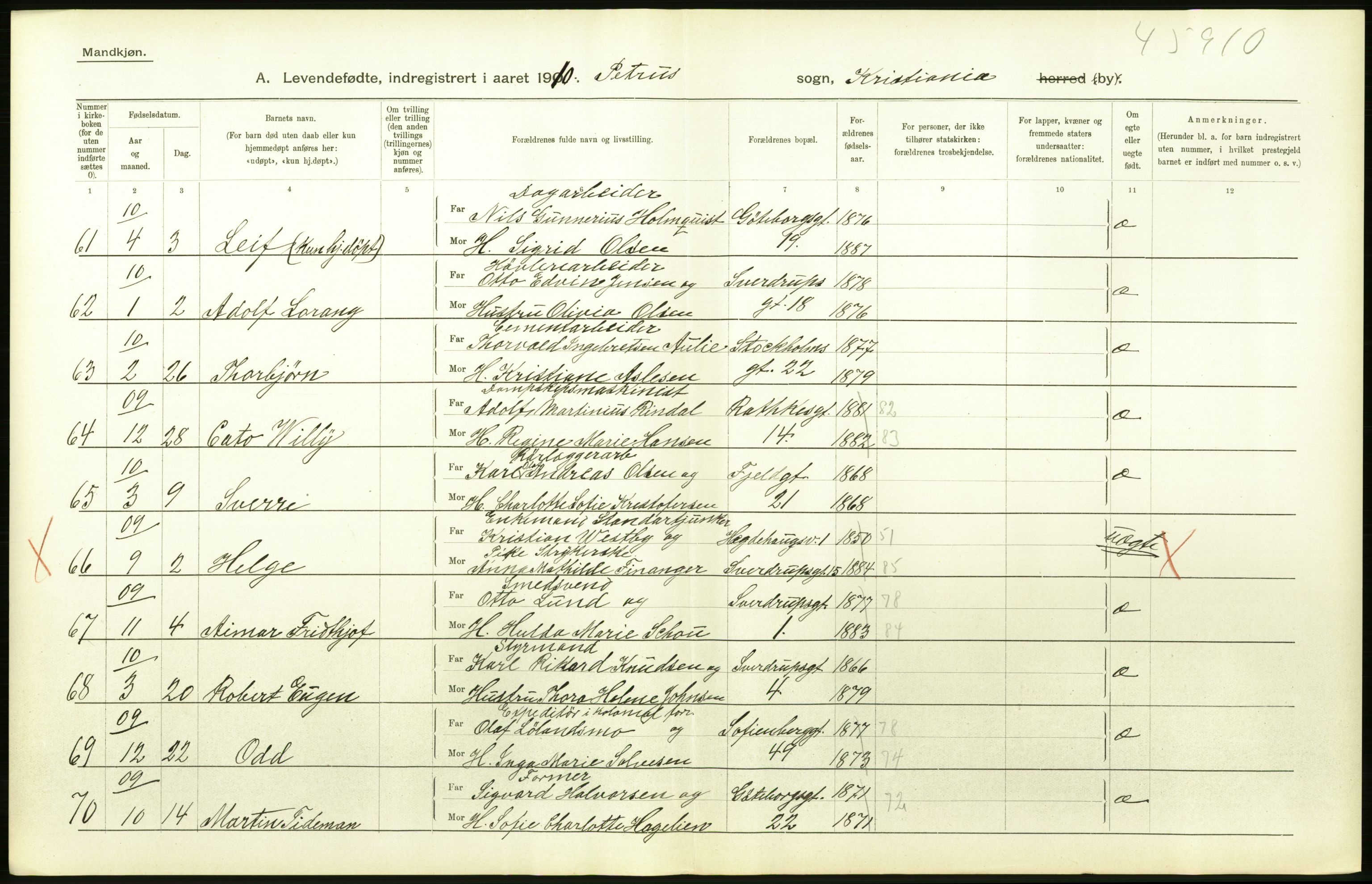 Statistisk sentralbyrå, Sosiodemografiske emner, Befolkning, AV/RA-S-2228/D/Df/Dfa/Dfah/L0006: Kristiania: Levendefødte menn., 1910, p. 408