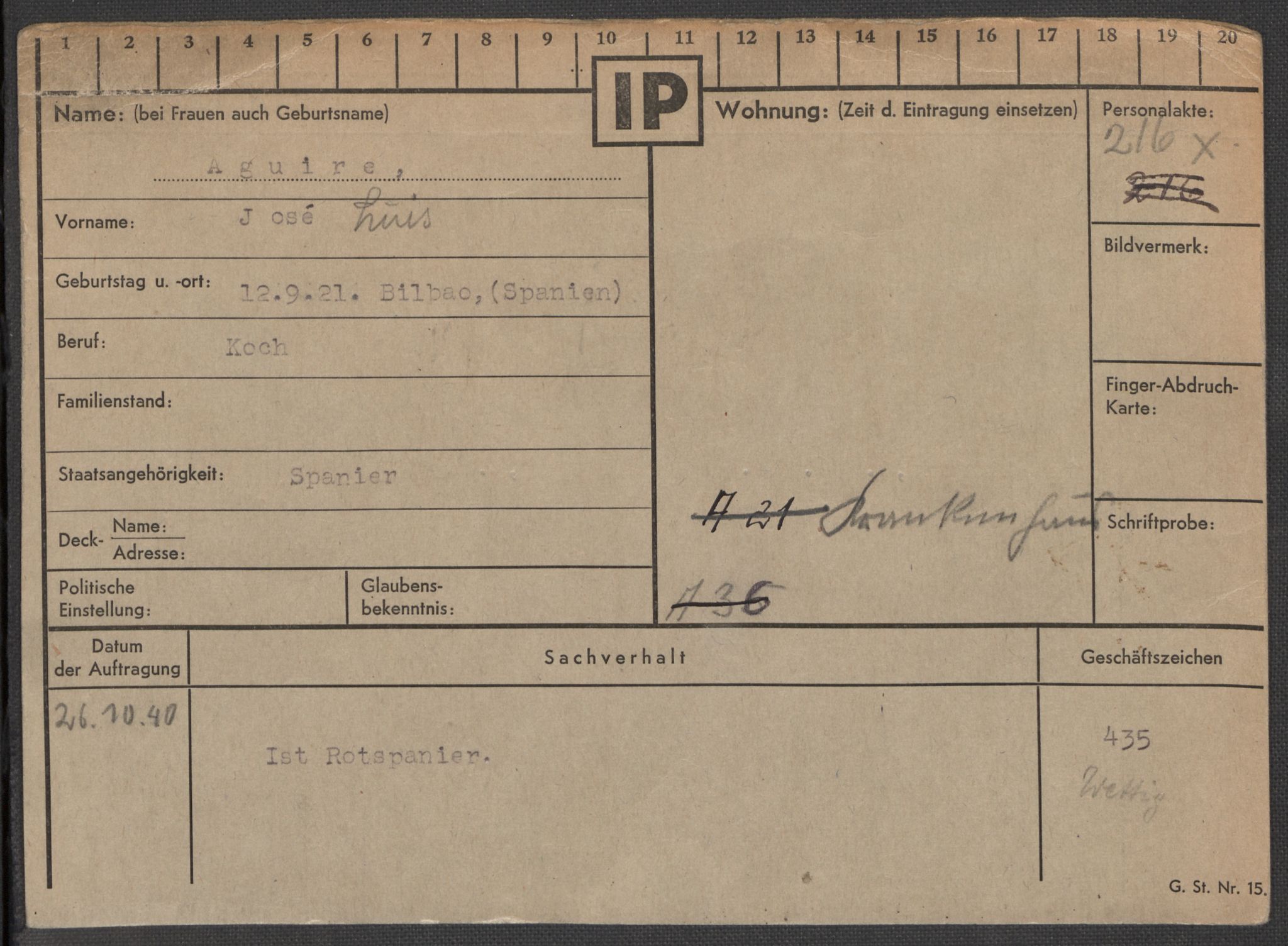 Befehlshaber der Sicherheitspolizei und des SD, RA/RAFA-5969/E/Ea/Eaa/L0001: Register over norske fanger i Møllergata 19: A-Bj, 1940-1945, p. 38