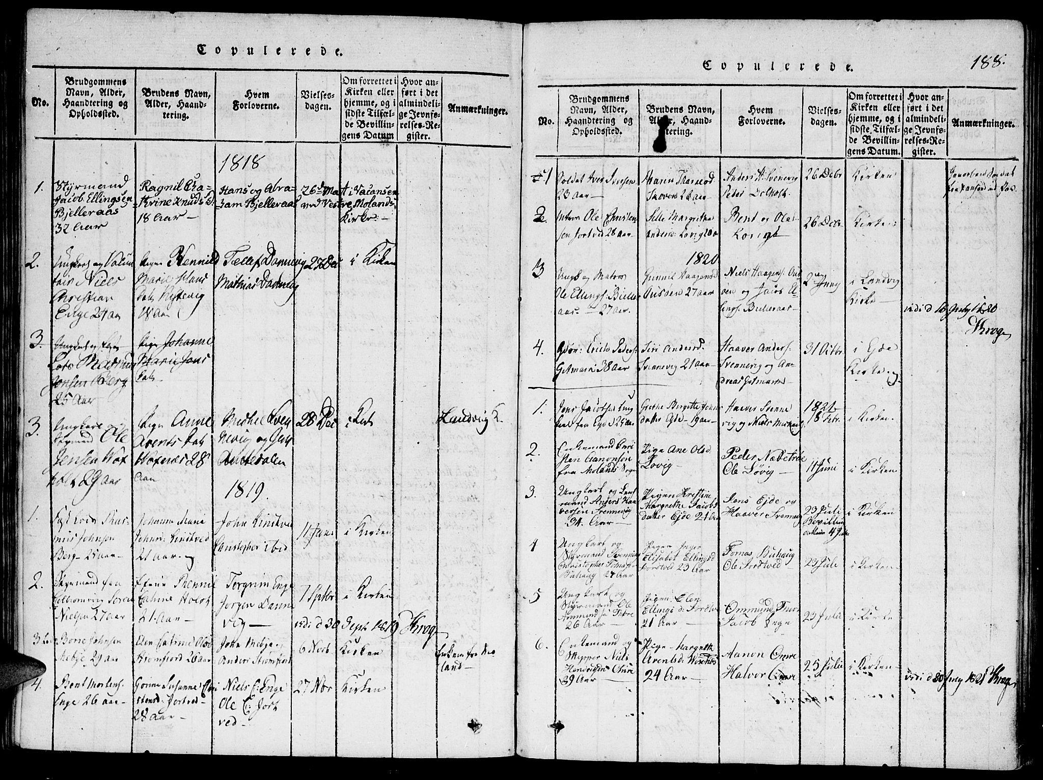 Hommedal sokneprestkontor, AV/SAK-1111-0023/F/Fa/Faa/L0001: Parish register (official) no. A 1, 1816-1860, p. 188