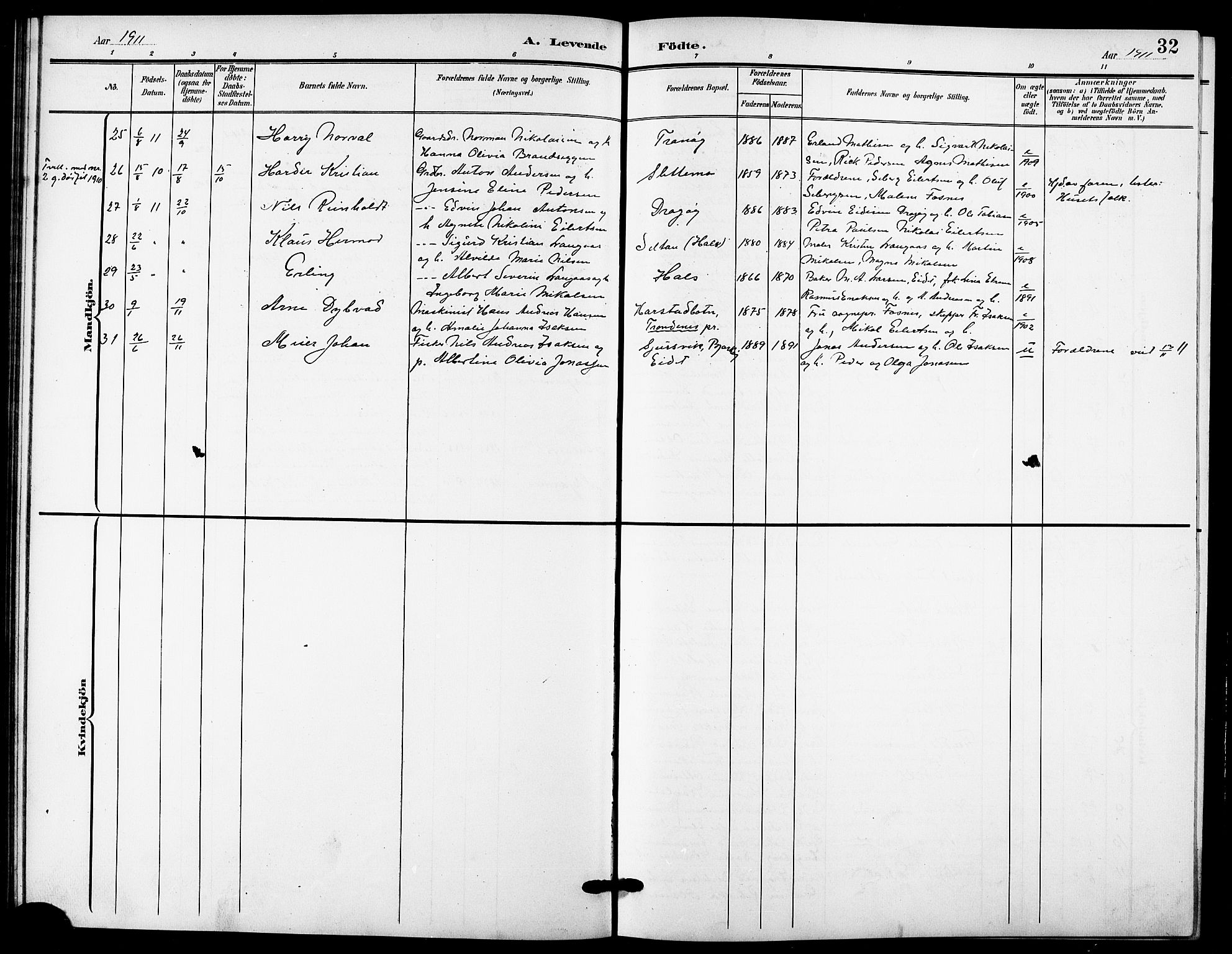 Tranøy sokneprestkontor, SATØ/S-1313/I/Ia/Iab/L0005klokker: Parish register (copy) no. 5, 1902-1919, p. 32