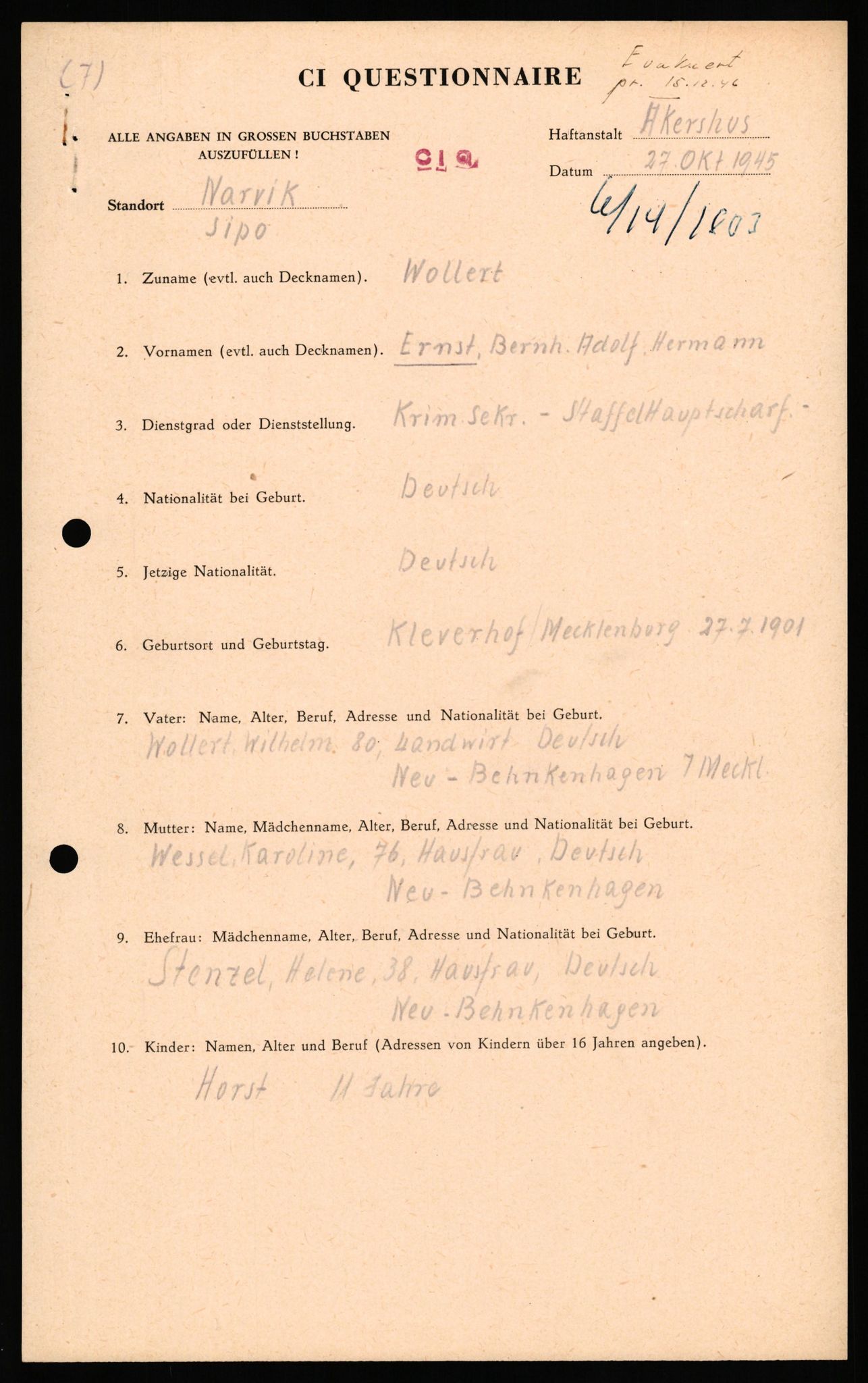 Forsvaret, Forsvarets overkommando II, AV/RA-RAFA-3915/D/Db/L0036: CI Questionaires. Tyske okkupasjonsstyrker i Norge. Tyskere., 1945-1946, p. 445