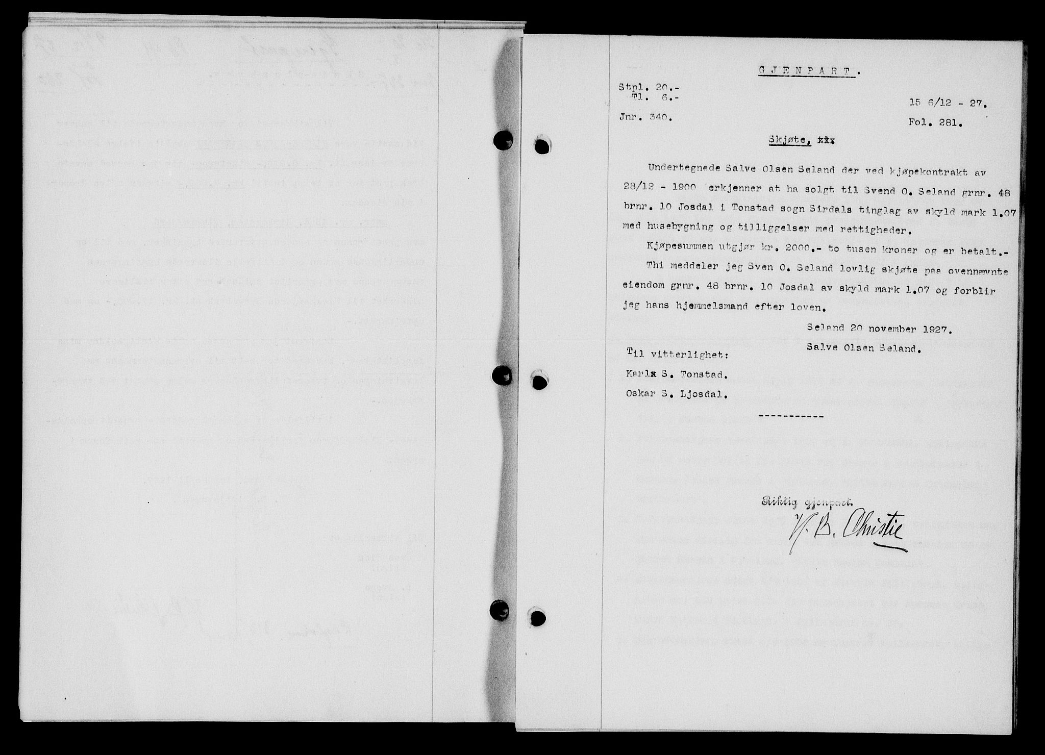 Flekkefjord sorenskriveri, SAK/1221-0001/G/Gb/Gba/L0043: Mortgage book no. 41, 1926-1927, Deed date: 06.12.1927
