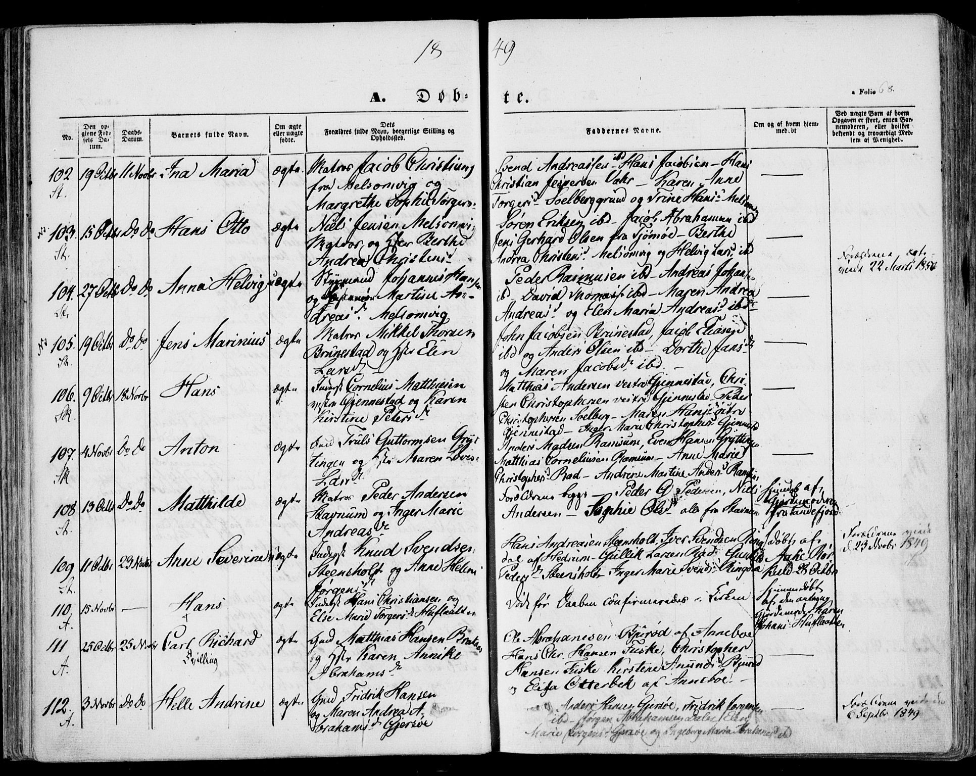 Stokke kirkebøker, AV/SAKO-A-320/F/Fa/L0007: Parish register (official) no. I 7, 1844-1857, p. 68