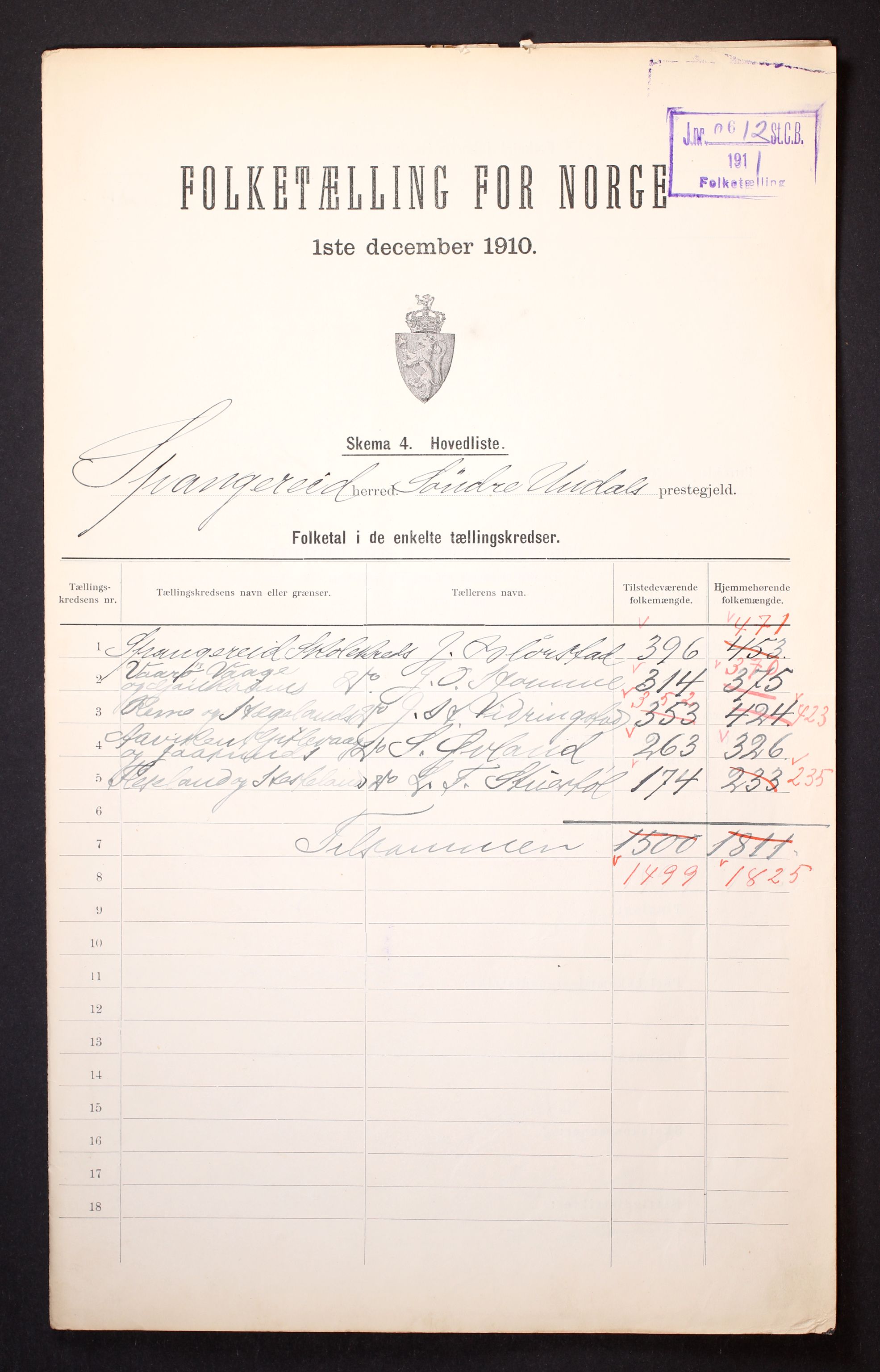 RA, 1910 census for Spangereid, 1910, p. 2