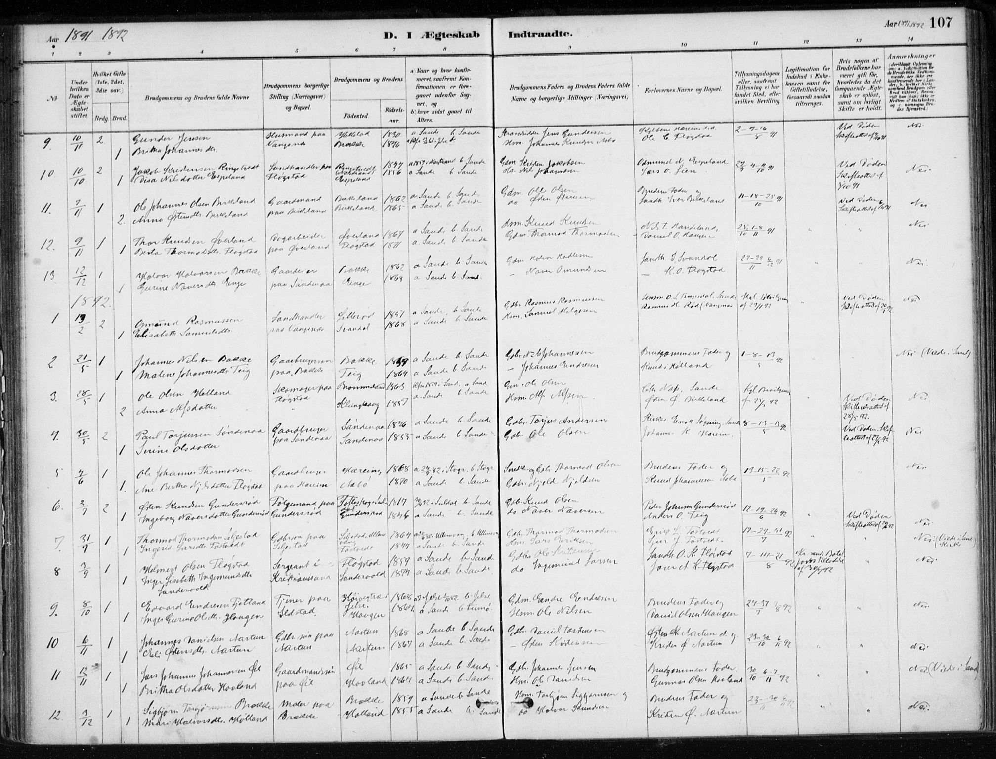 Sand sokneprestkontor, AV/SAST-A-101848/01/III/L0006: Parish register (official) no. A 6, 1880-1898, p. 107