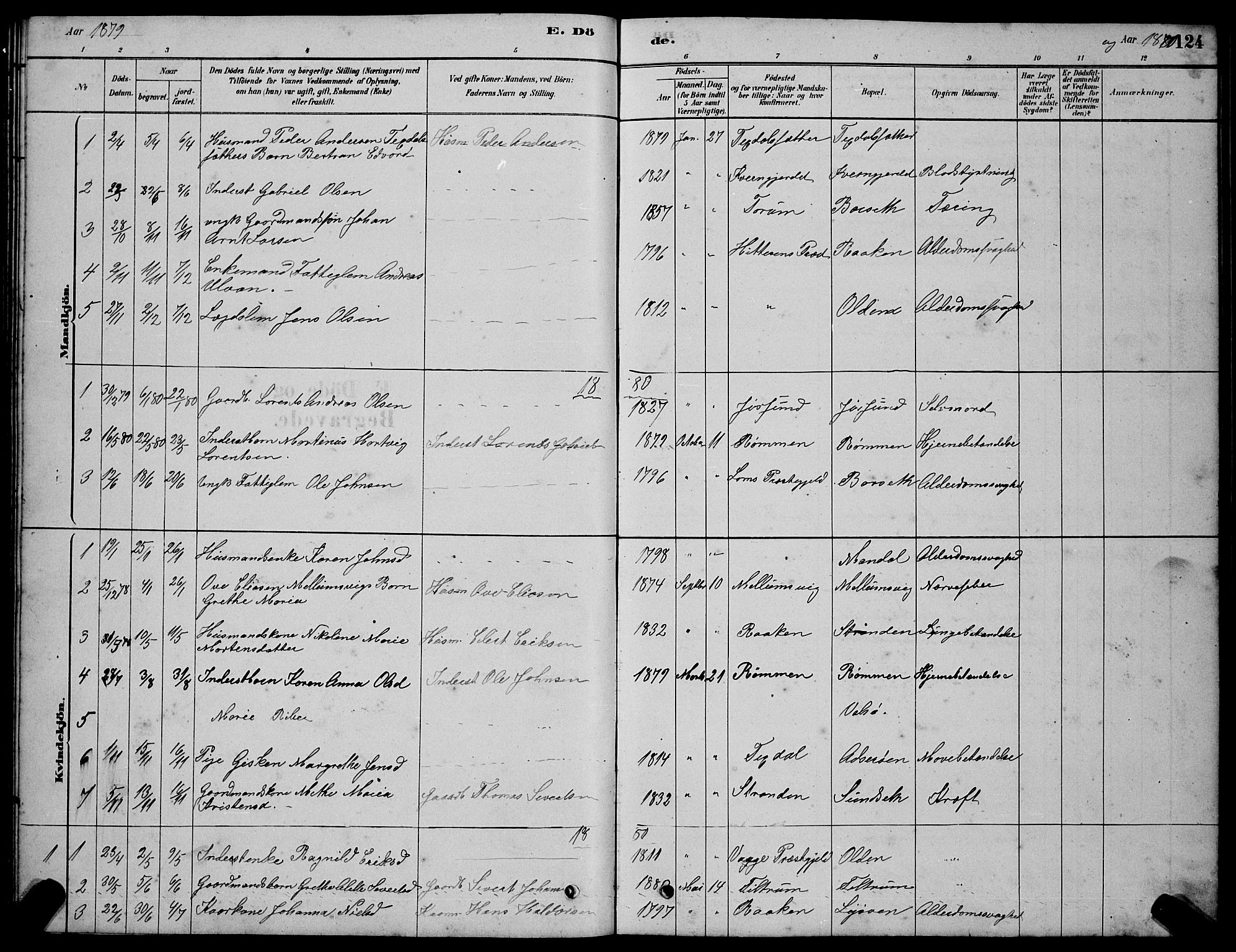 Ministerialprotokoller, klokkerbøker og fødselsregistre - Sør-Trøndelag, AV/SAT-A-1456/654/L0665: Parish register (copy) no. 654C01, 1879-1901, p. 124
