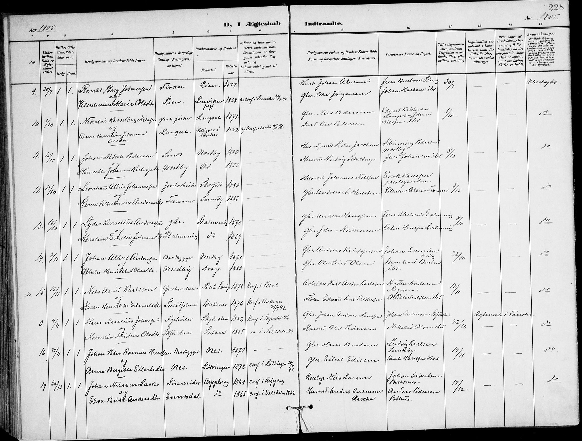 Ministerialprotokoller, klokkerbøker og fødselsregistre - Nordland, AV/SAT-A-1459/847/L0672: Parish register (official) no. 847A12, 1902-1919, p. 228