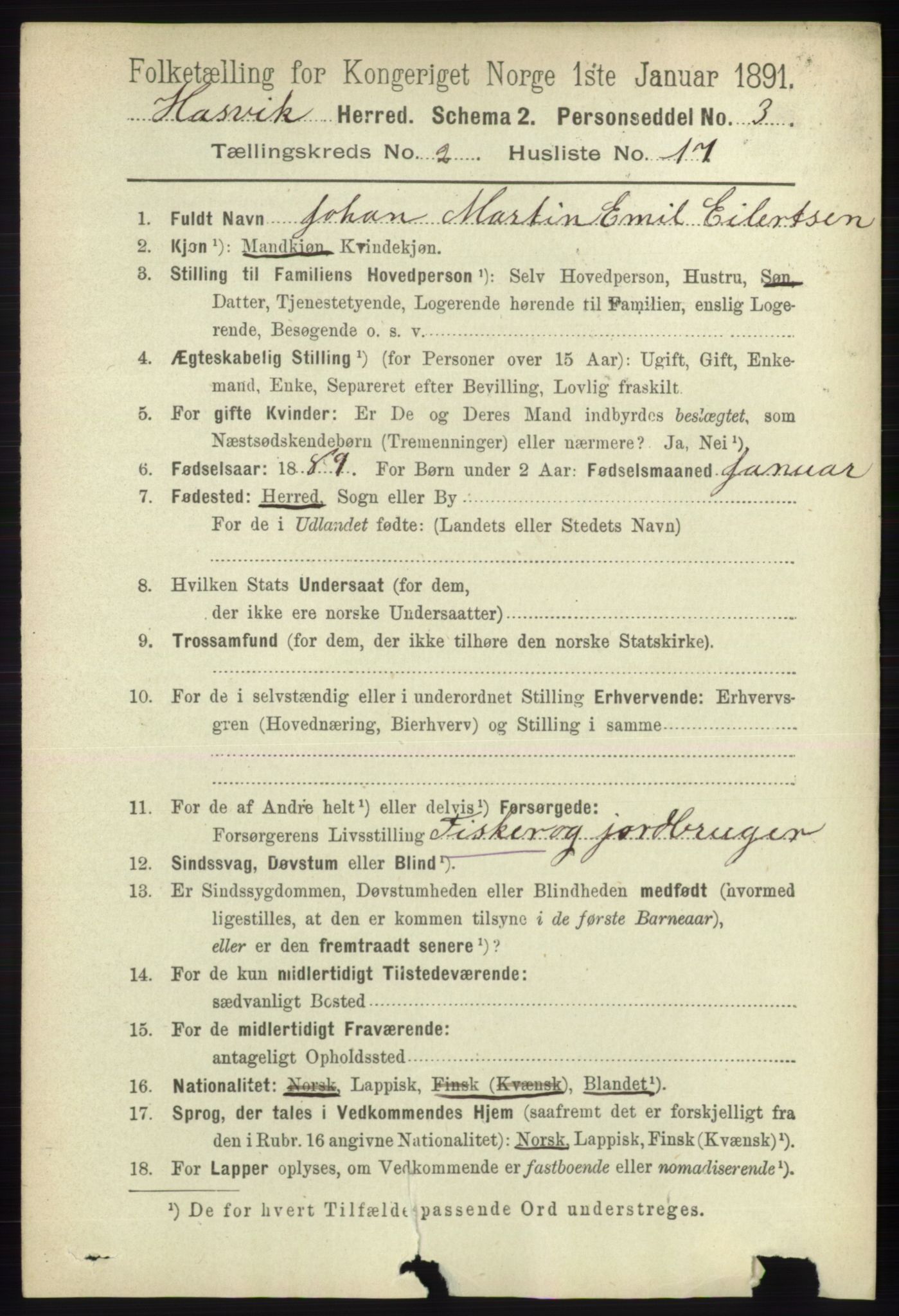 RA, 1891 census for 2015 Hasvik, 1891, p. 386