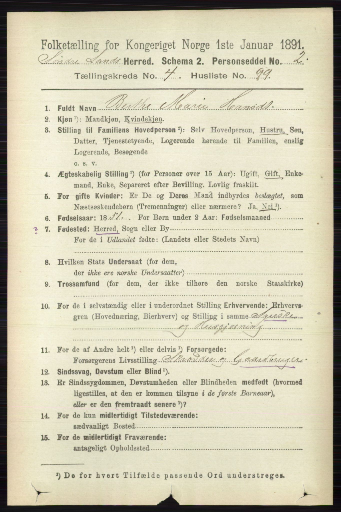 RA, 1891 census for 0536 Søndre Land, 1891, p. 4568