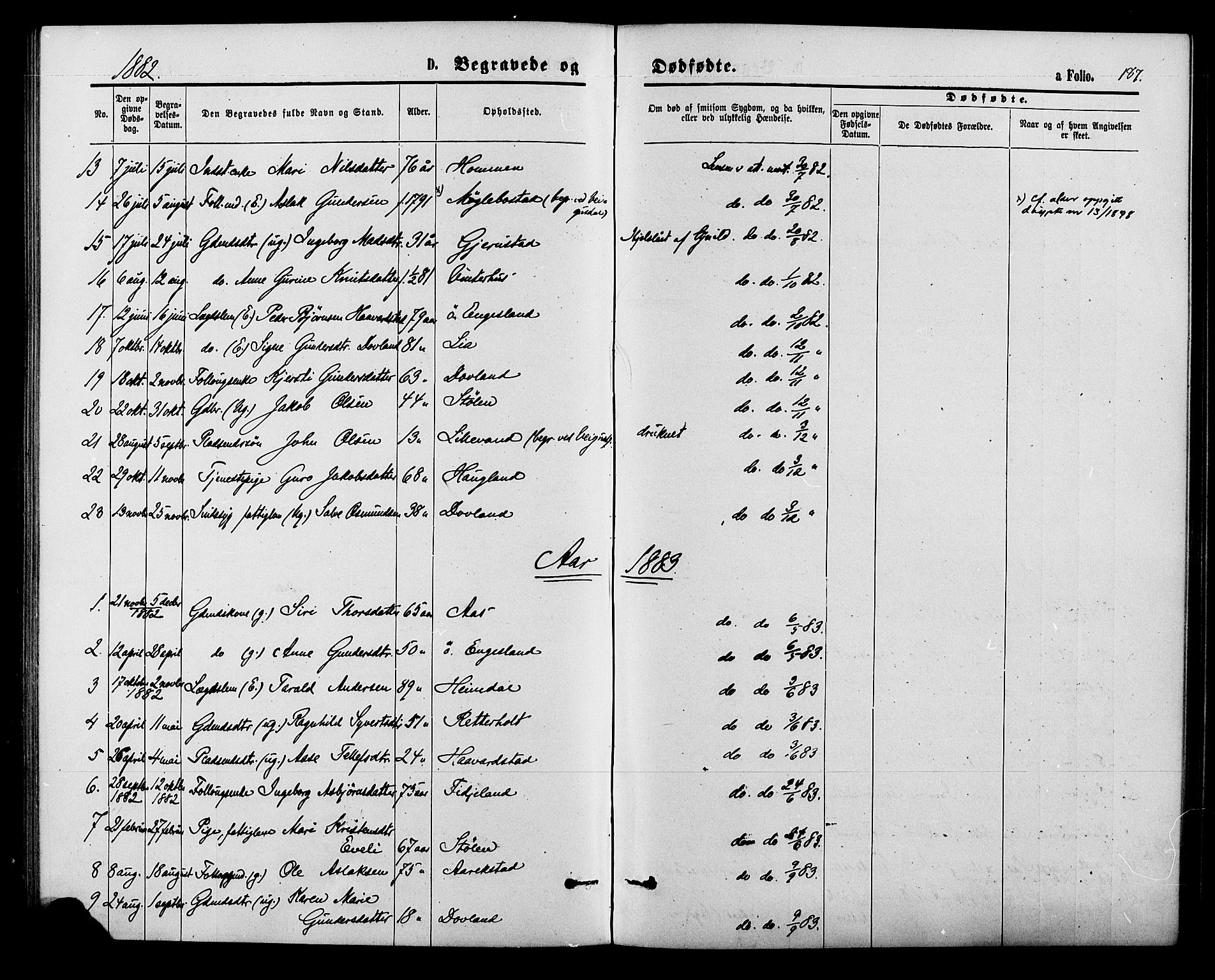 Herefoss sokneprestkontor, SAK/1111-0019/F/Fa/Fab/L0003: Parish register (official) no. A 3, 1875-1886, p. 187