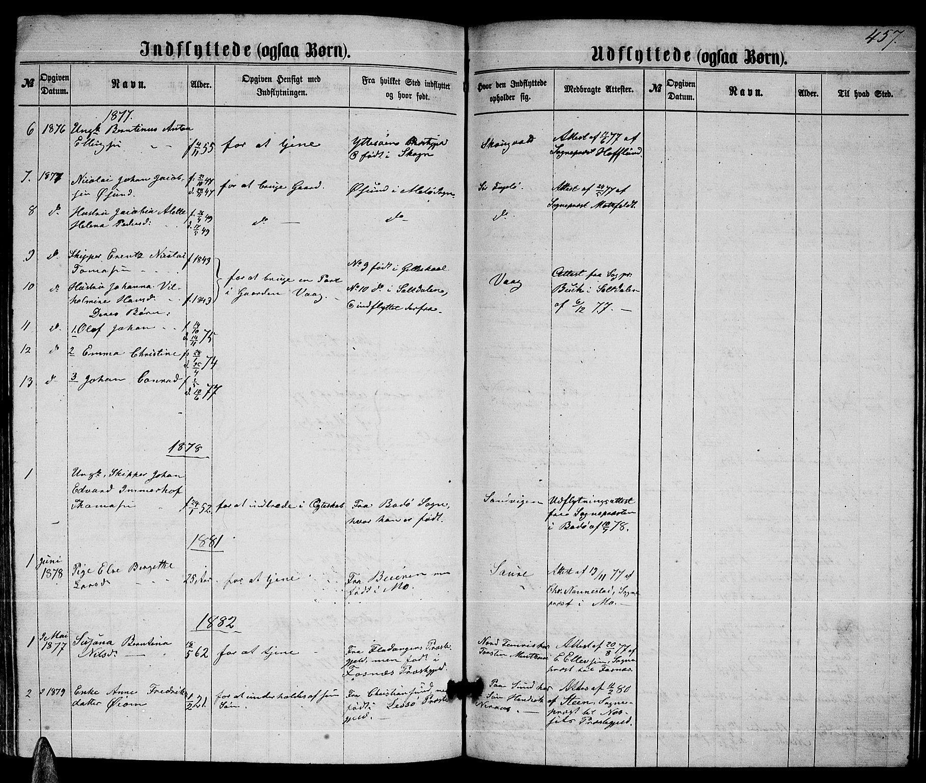 Ministerialprotokoller, klokkerbøker og fødselsregistre - Nordland, AV/SAT-A-1459/805/L0107: Parish register (copy) no. 805C03, 1862-1885, p. 457