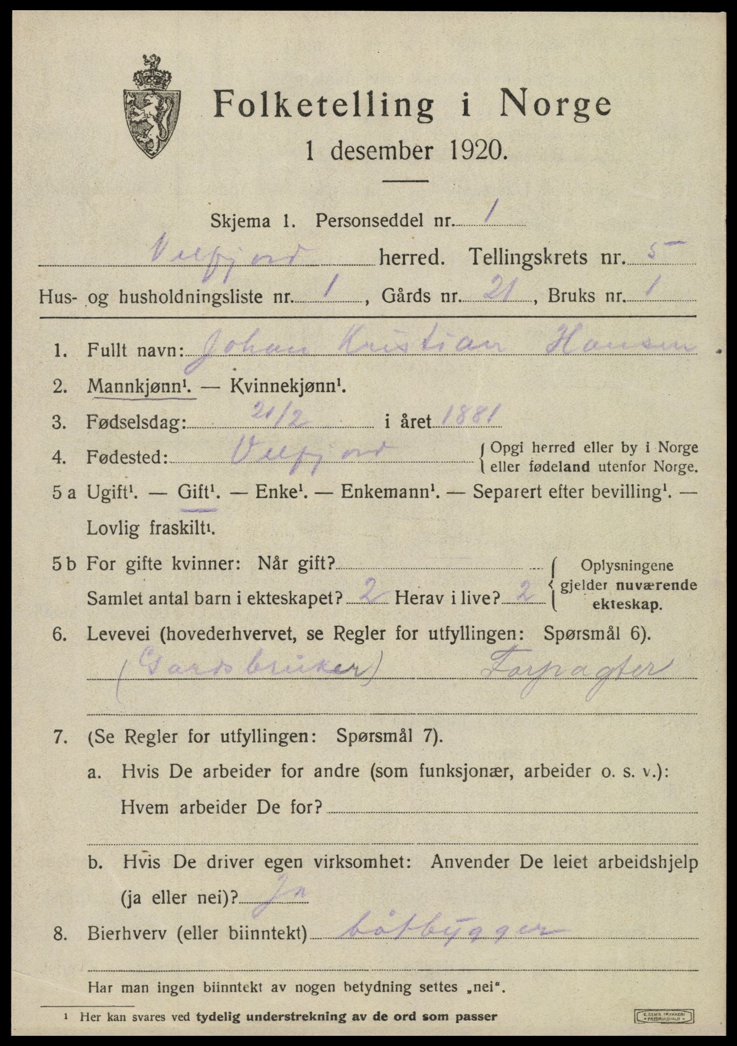 SAT, 1920 census for Velfjord, 1920, p. 3085