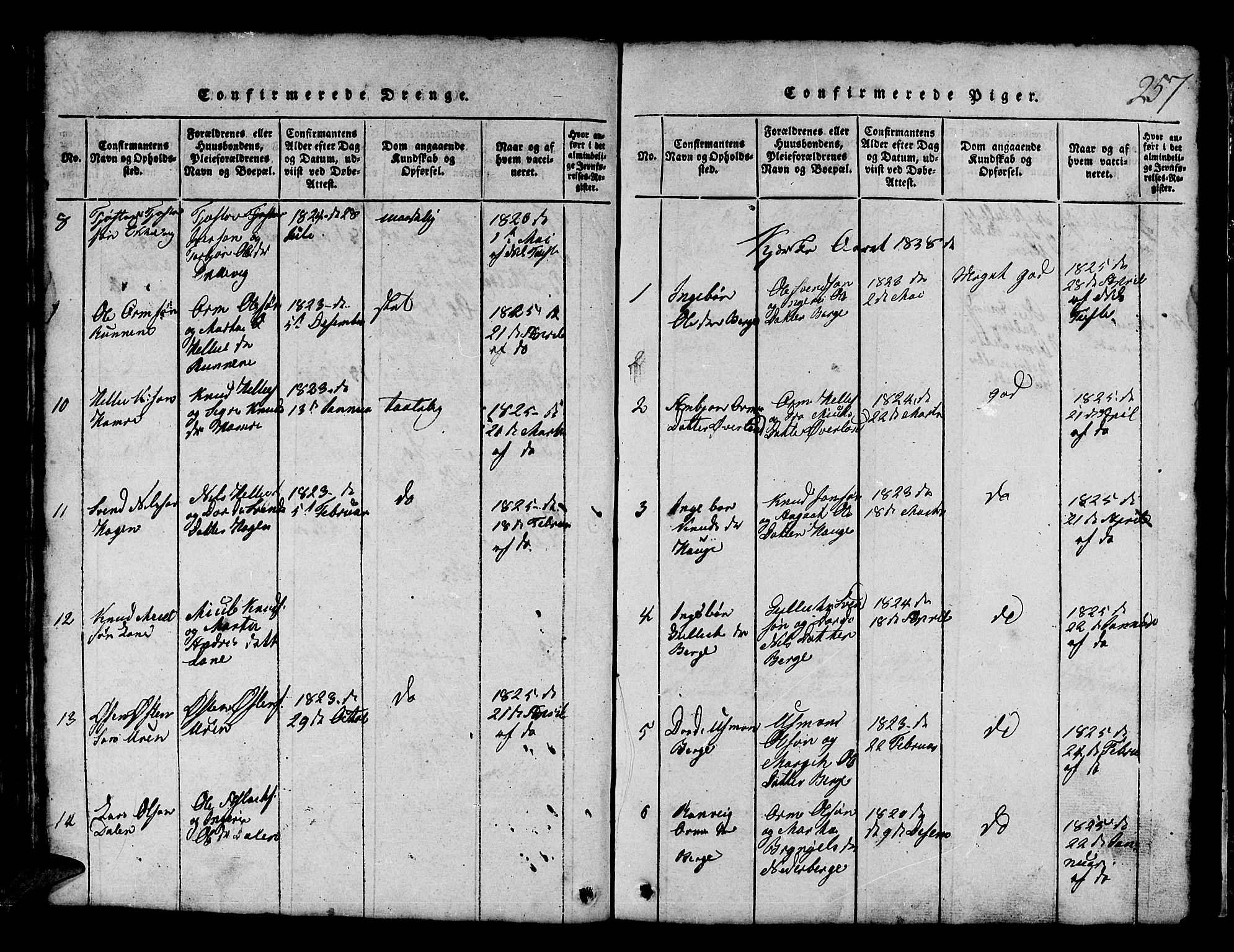 Røldal sokneprestembete, AV/SAB-A-100247: Parish register (copy) no. A 1, 1817-1860, p. 257