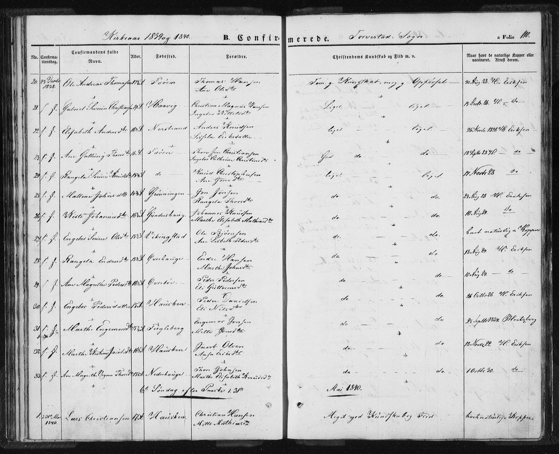 Torvastad sokneprestkontor, AV/SAST-A -101857/H/Ha/Haa/L0005: Parish register (official) no. A 5, 1836-1847, p. 110