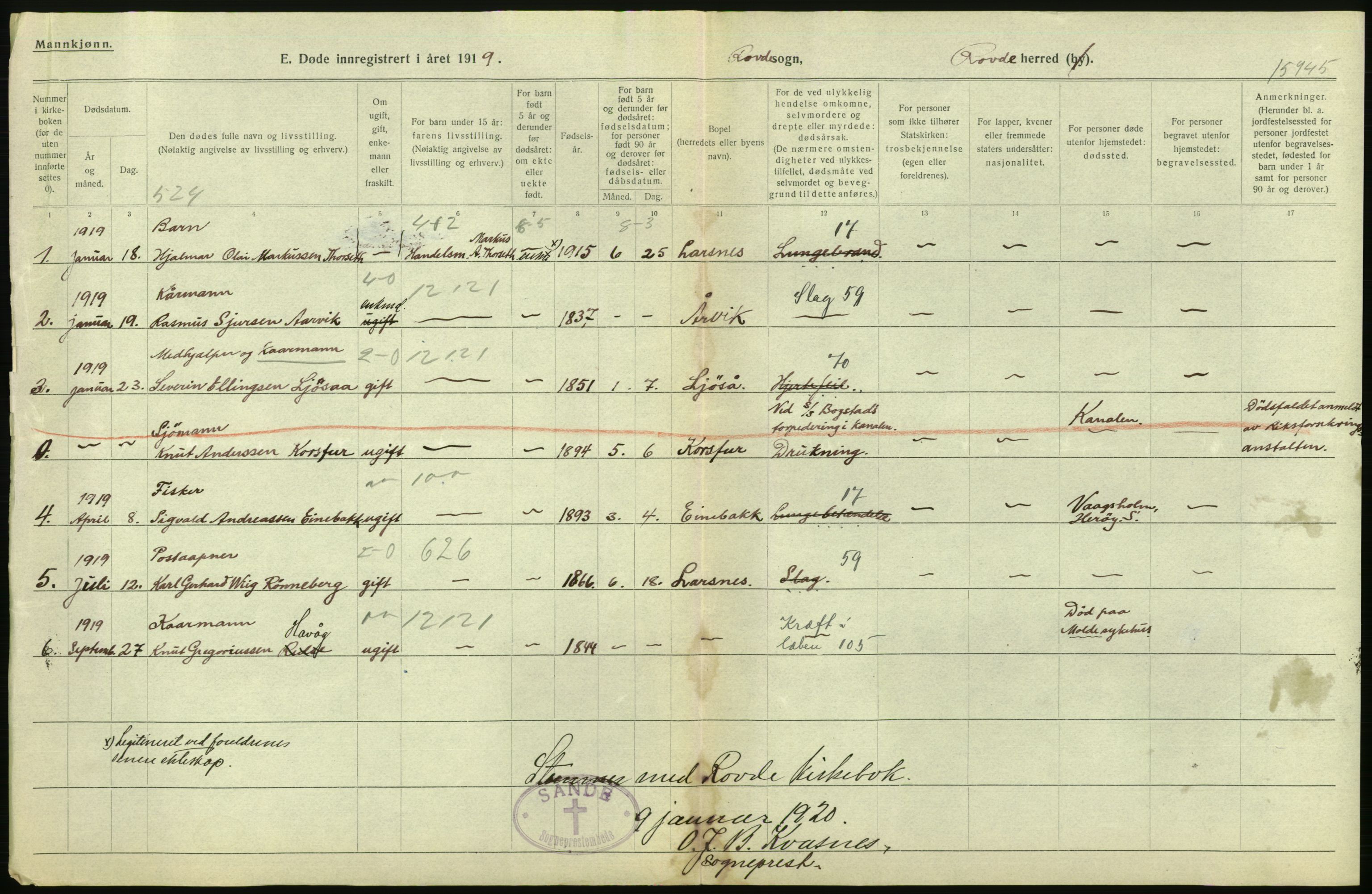 Statistisk sentralbyrå, Sosiodemografiske emner, Befolkning, AV/RA-S-2228/D/Df/Dfb/Dfbi/L0042: Møre fylke: Døde. Bygder og byer., 1919, p. 10