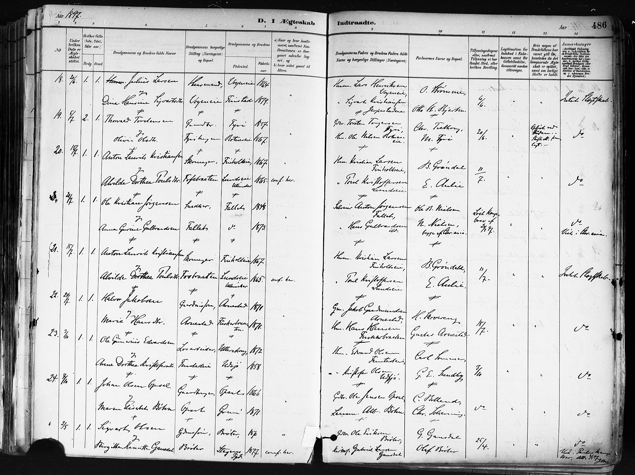 Nes prestekontor Kirkebøker, AV/SAO-A-10410/F/Fa/L0010: Parish register (official) no. I 10, 1883-1898, p. 486