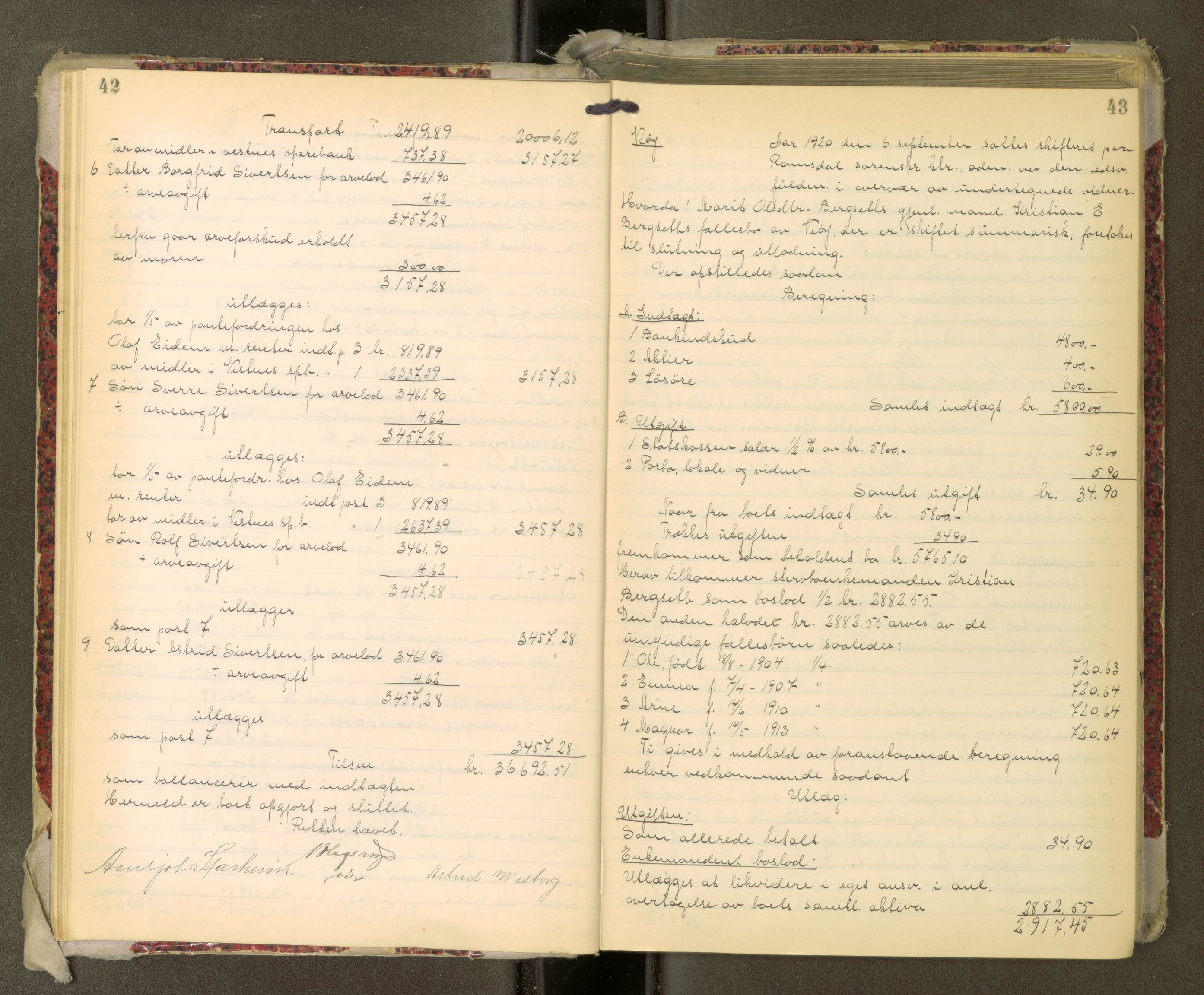 Romsdal sorenskriveri, AV/SAT-A-4149/1/3/3A/L0022: Skifteutlodnings Protokoll, 1920-1924, p. 42-43