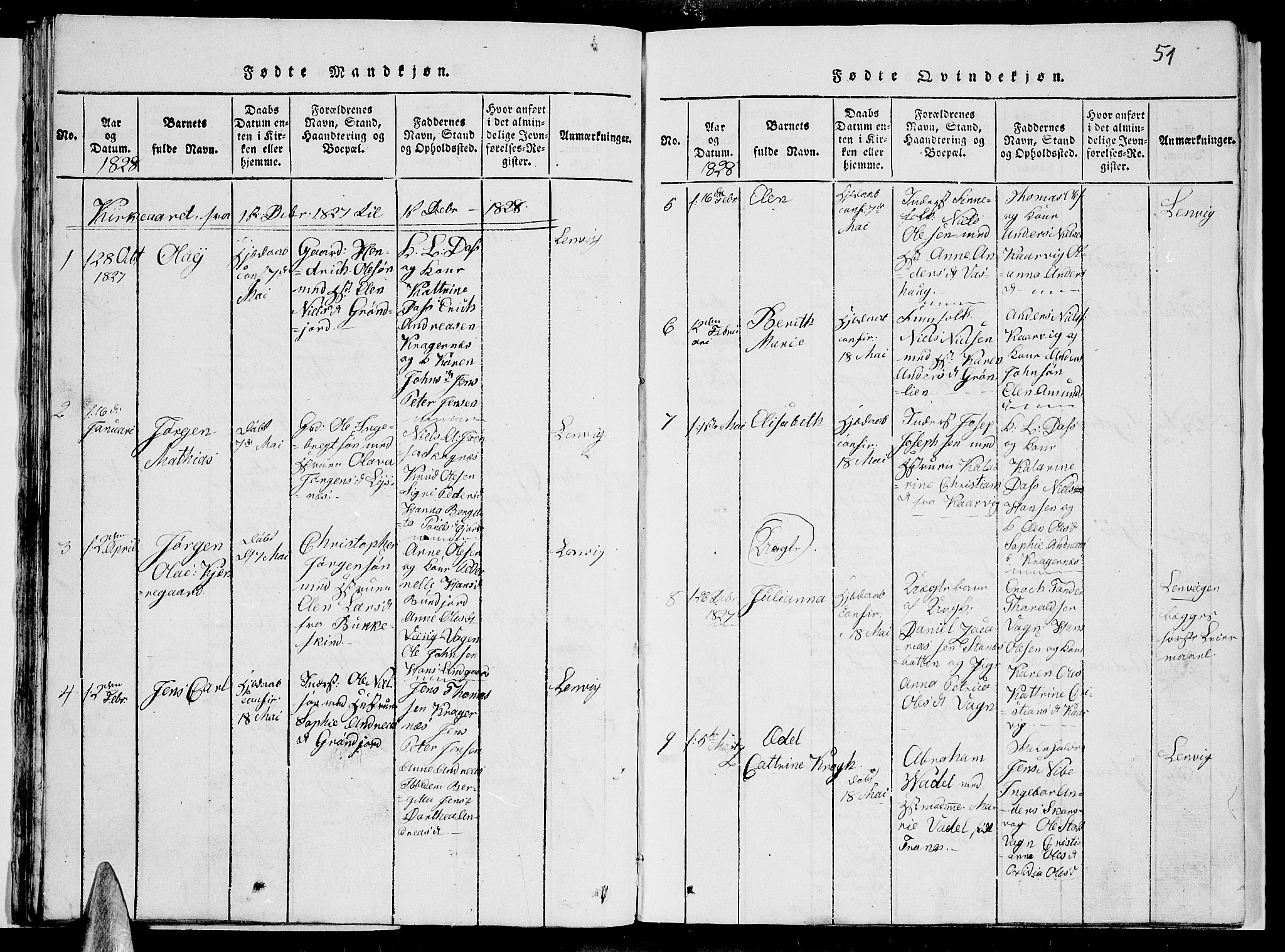 Lenvik sokneprestembete, AV/SATØ-S-1310/H/Ha/Hab/L0001klokker: Parish register (copy) no. 1, 1822-1837, p. 51