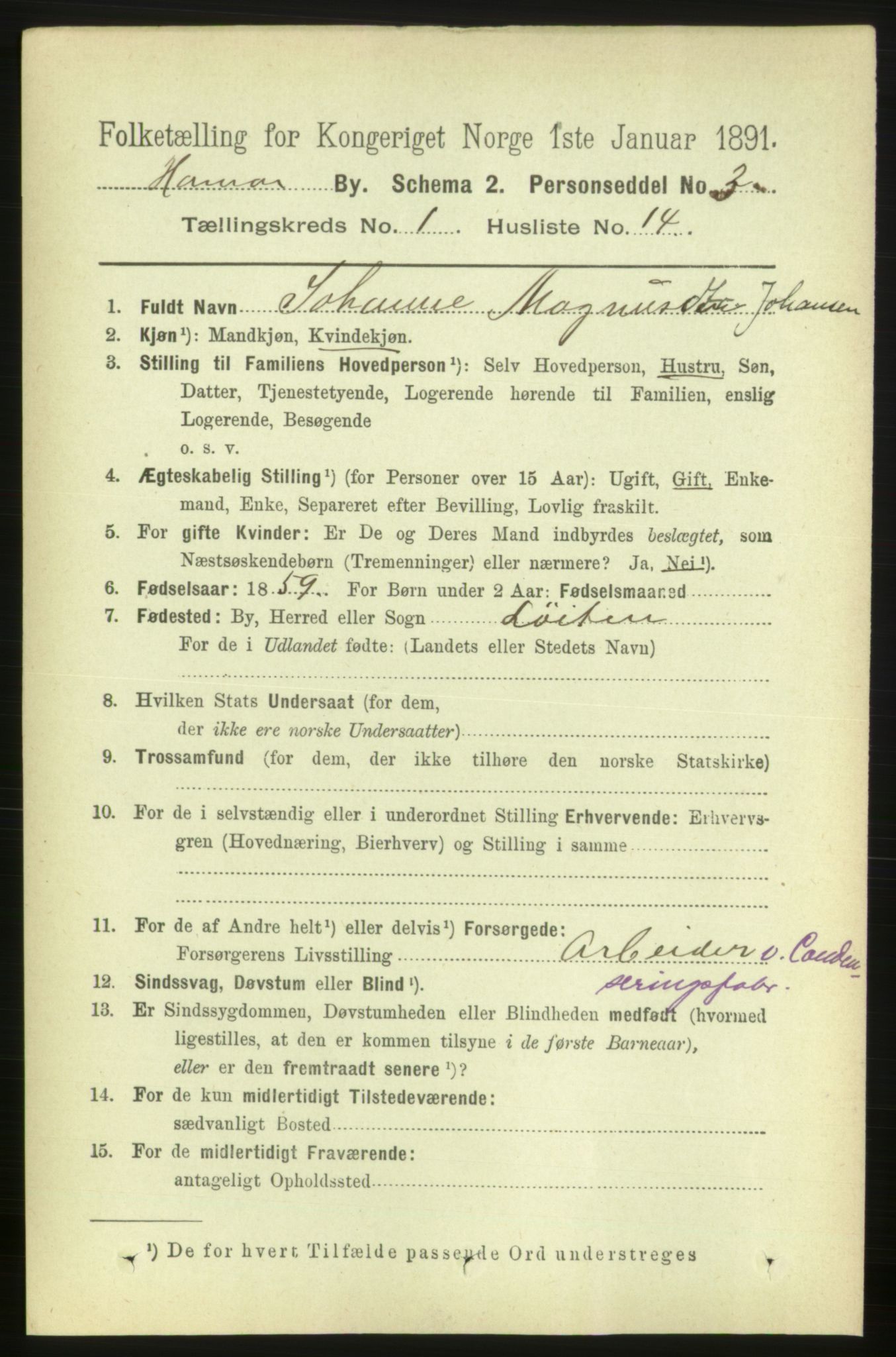 RA, 1891 census for 0401 Hamar, 1891, p. 192