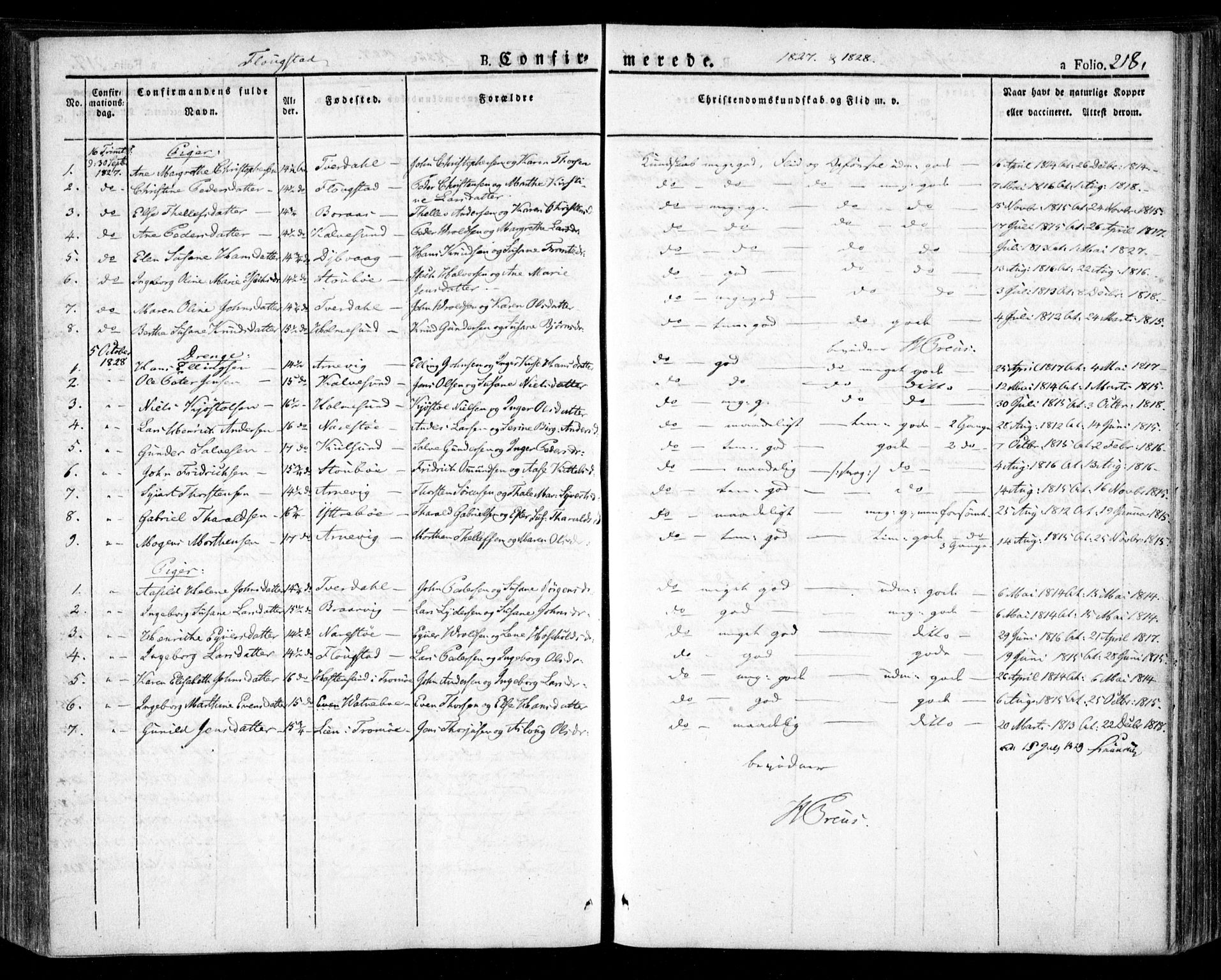 Dypvåg sokneprestkontor, SAK/1111-0007/F/Fa/Faa/L0004: Parish register (official) no. A 4, 1824-1840, p. 218