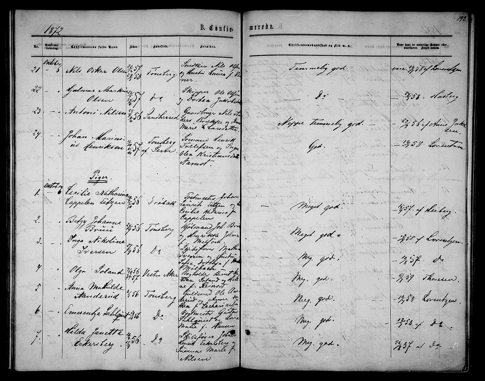 Tønsberg kirkebøker, AV/SAKO-A-330/G/Ga/L0004: Parish register (copy) no. 4, 1865-1874, p. 192